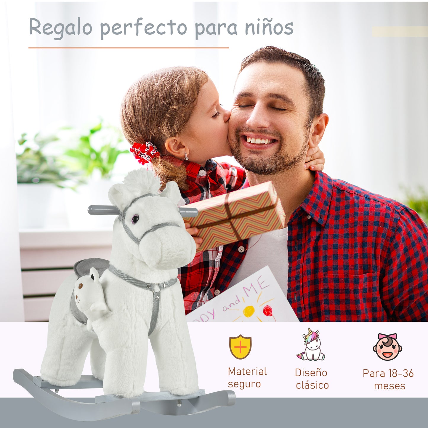 HOMCOM Caballito Balancín con Felpa con Osito de Peluche para Niños 18-36 Meses Caballo Mecedora Sonidos de Relincho y Galope Base de Madera Asiento 35 cm Carga 30 kg 65x26x55 cm Blanco