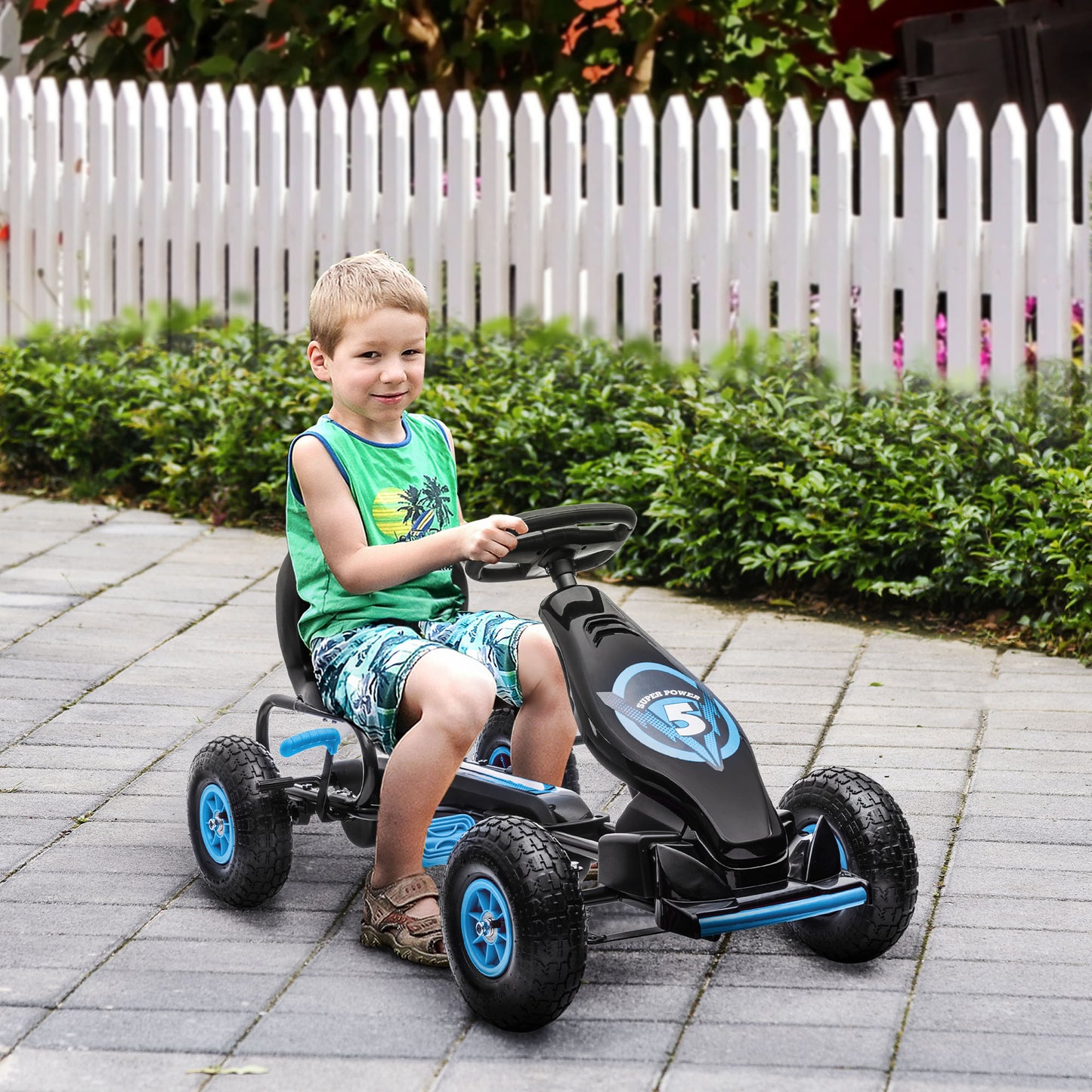 HOMCOM Go Kart a Pedales para Niños de 5-12 Años Coche de Pedales Infantil con Asiento Ajustable Neumáticos Inflables Amortiguador y Freno de Mano Carga 50 kg 121x58x61 cm Azul