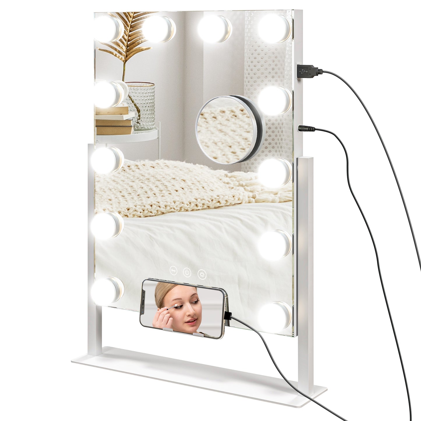 HOMCOM Hollywood Espejo de Maquillaje con Luz Espejo de Tocador Giratorio 30x40 cm con Bombillas LED Modos de Iluminación Ajustables Interruptor Táctil Soporte para Teléfono y Puerto USB Blanco