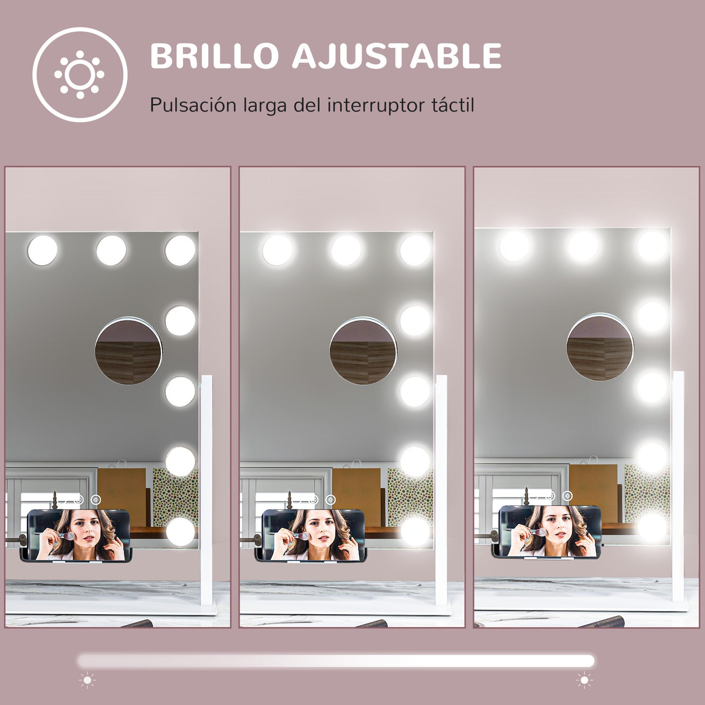 HOMCOM Hollywood Espejo de Maquillaje con Luz Espejo de Tocador Giratorio 30x40 cm con Bombillas LED Modos de Iluminación Ajustables Interruptor Táctil Soporte para Teléfono y Puerto USB Blanco