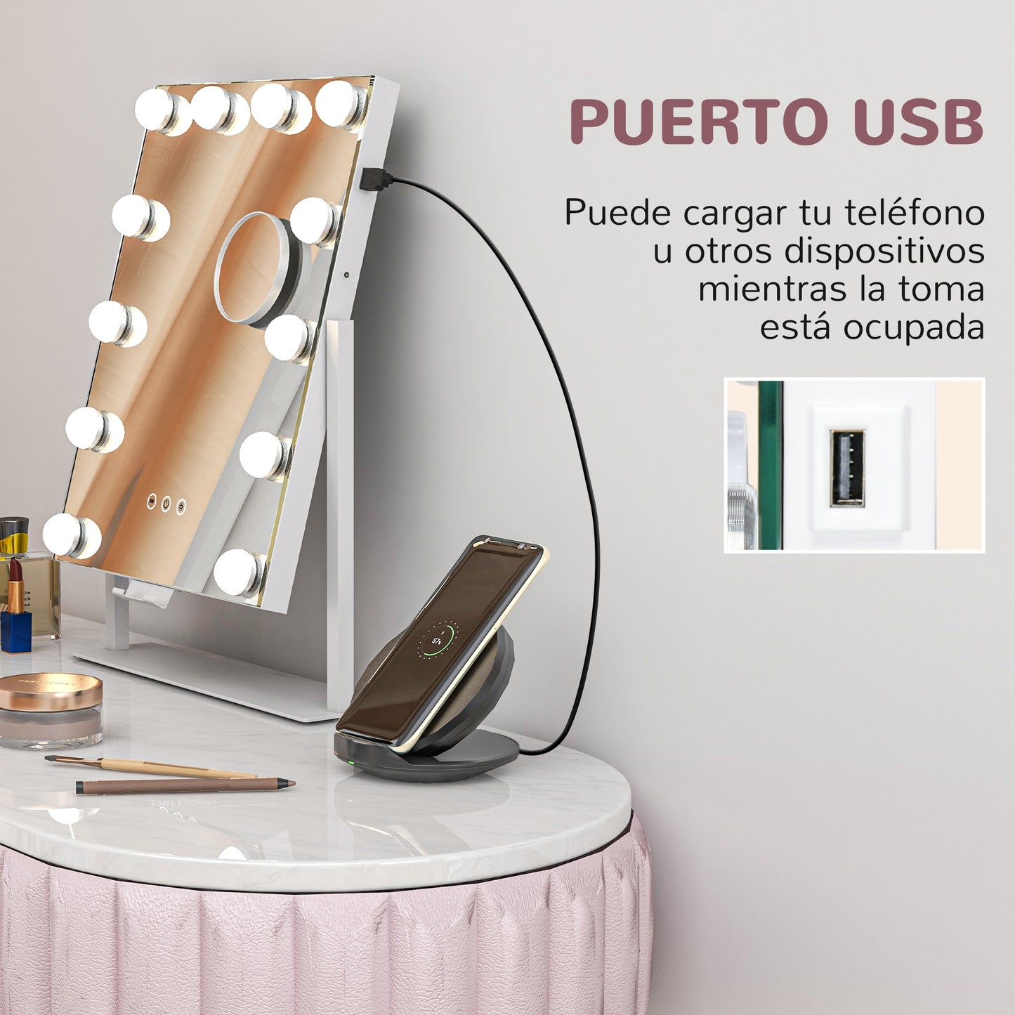 HOMCOM Hollywood Espejo de Maquillaje con Luz Espejo de Tocador Giratorio 30x40 cm con Bombillas LED Modos de Iluminación Ajustables Interruptor Táctil Soporte para Teléfono y Puerto USB Blanco