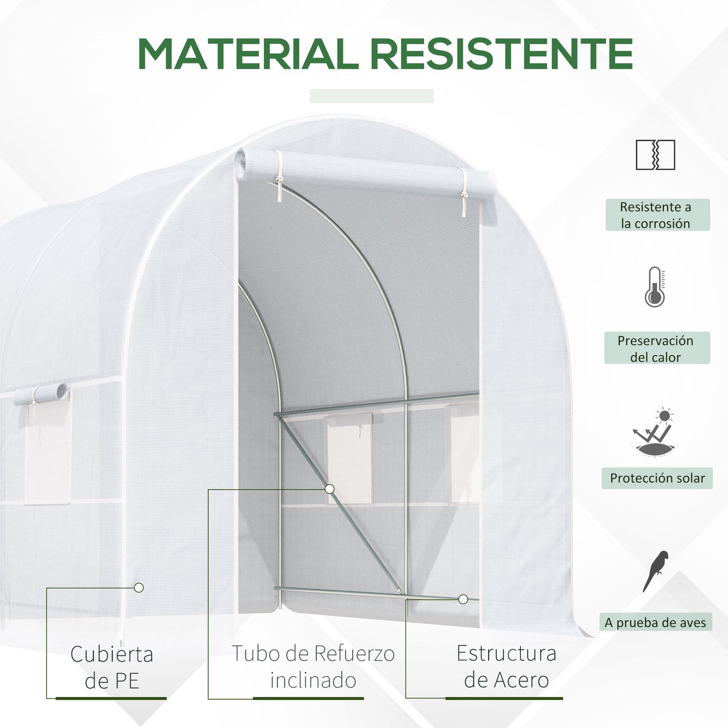 Outsunny Invernadero de Túnel 245x200x200 cm Invernadero de Jardín con Puerta Enrollable y Ventanas Múltiples Cubierta PE 140 g/m² Anti-UV Marco de Metal para Cultivo Plantas Verduras Blanco