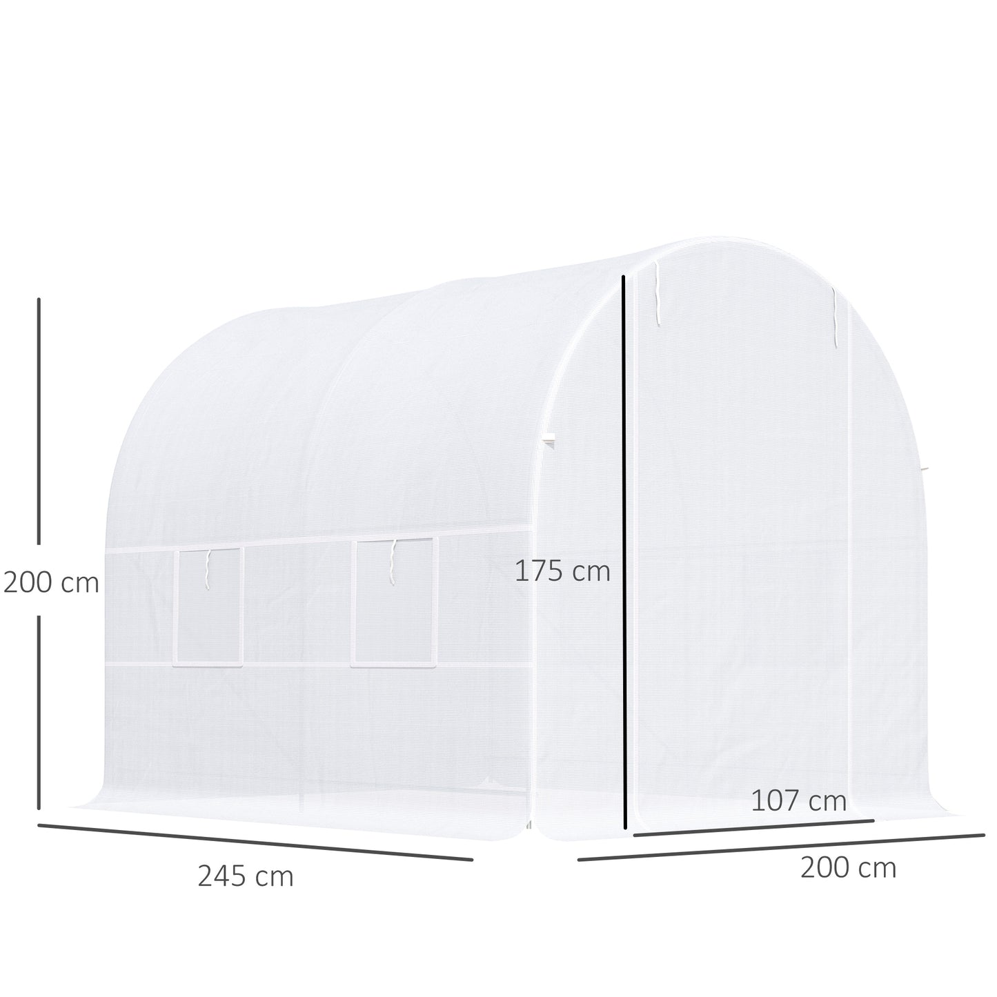 Outsunny Invernadero de Túnel 245x200x200 cm Invernadero de Jardín con Puerta Enrollable y Ventanas Múltiples Cubierta PE 140 g/m² Anti-UV Marco de Metal para Cultivo Plantas Verduras Blanco