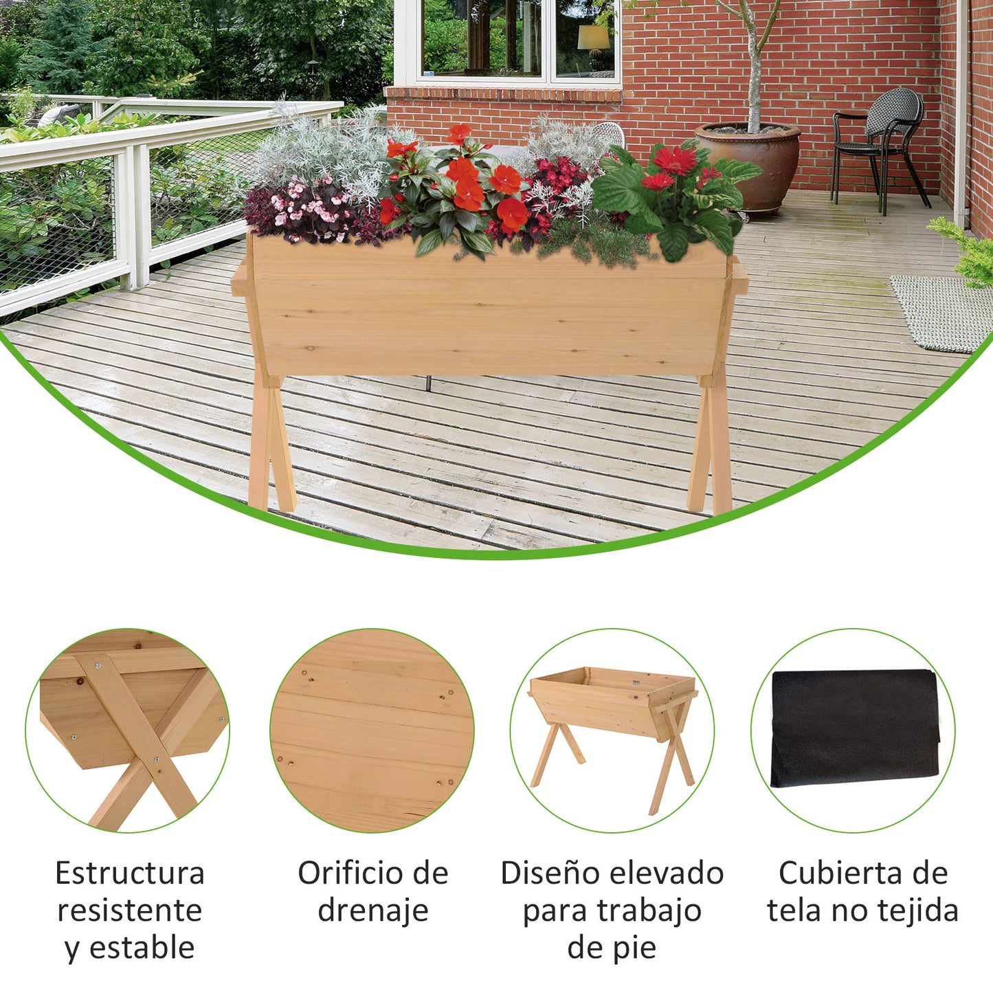 Outsunny Huerto Urbano de Madera 100x70x80 cm Mesa de Cultivo para Plantas Flores Hortalizas con Patas Elevadas 4 Orificios de Drenaje y Tela Geotextil