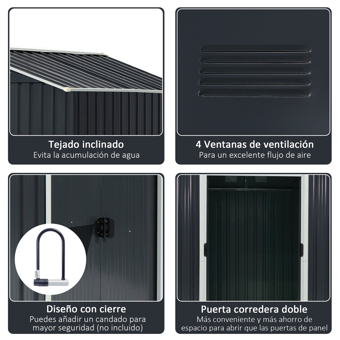 Outsunny Caseta de Jardín de 3,6 m² 236x174x190 cm Cobertizo Exterior de Metálico para Almacenar Herramientas con Puertas Correderas y 4 Ventanas para Terraza Patio Gris