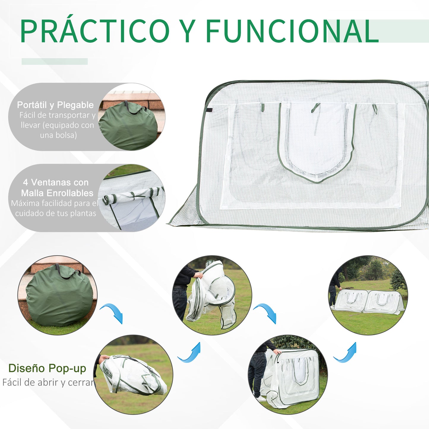 Outsunny Mini Invernadero de Jardín Pop Up 240x120x75 cm con 4 Puertas y Ventanas Enrollables Portátil con Bolsa de Transporte para Cultivos Plantas Flores Blanco