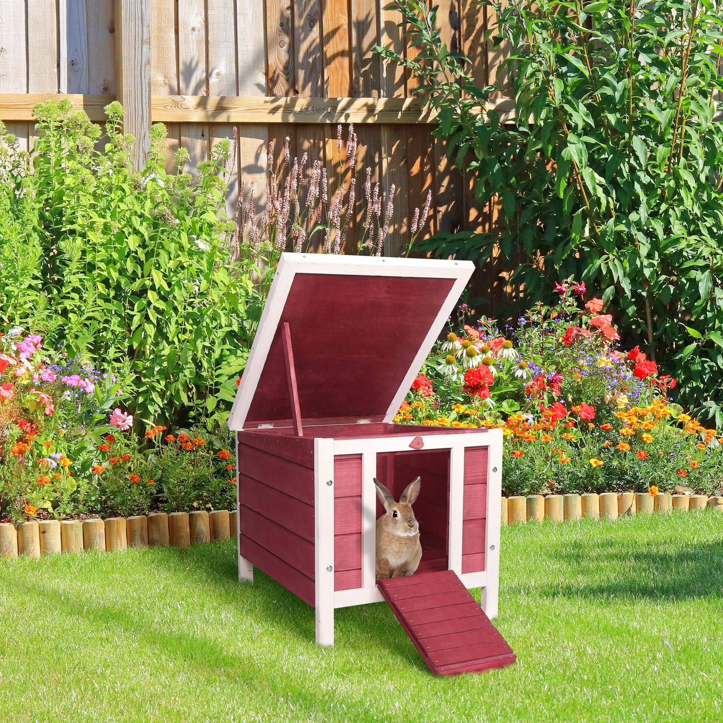 PawHut Conejera de Madera Exterior Jaula Caseta para Roedores Mascotas Pequeñas con Techo Asfáltico Abatible y Rampa Antideslizante 42x51x43 cm Rojo