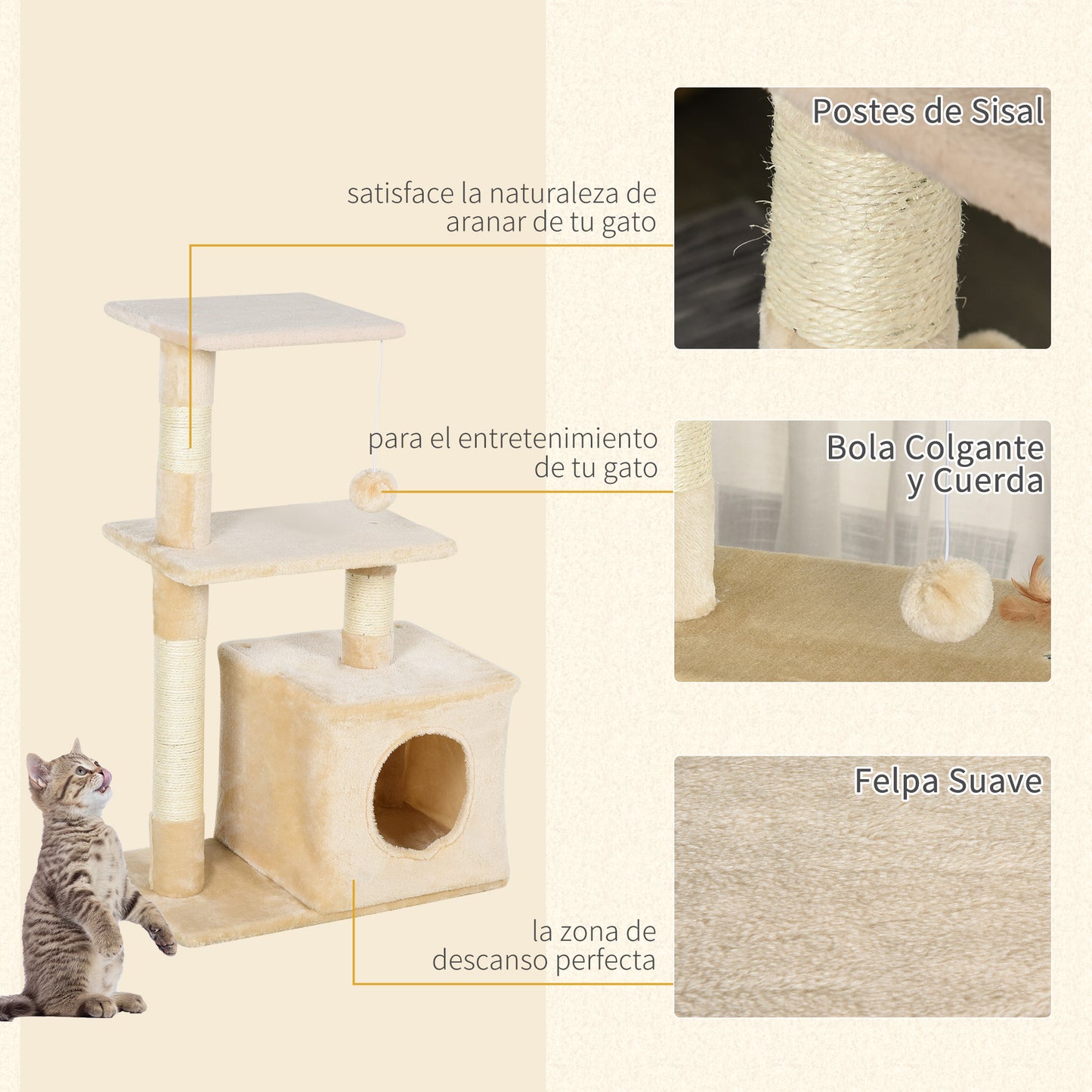 PawHut Árbol Rascador para Gatos 81,5 cm Torre para Gatos con Postes de Sisal 2 Plataformas Cueva y Bola Colgante Estilo Elegante 50x30x81,5 cm Beige