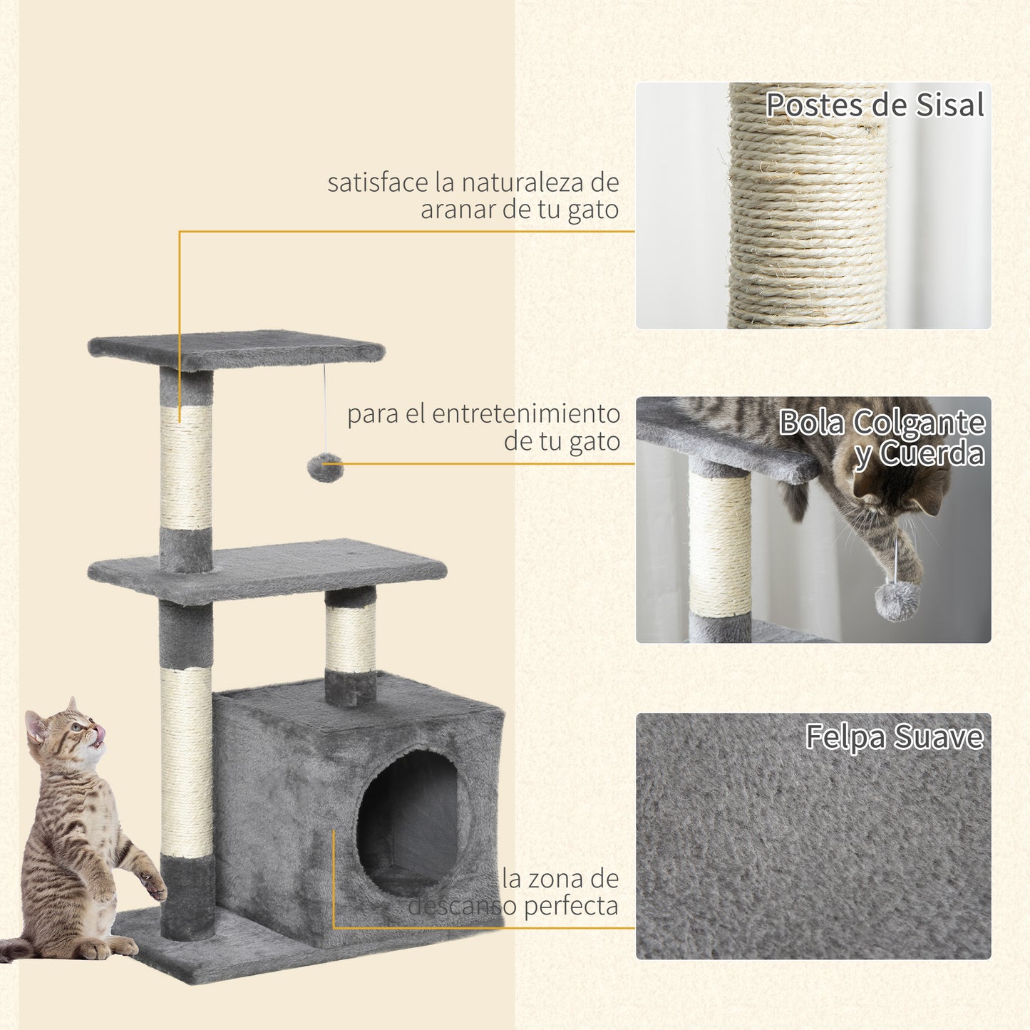 PawHut Árbol Rascador para Gatos 81,5 cm Torre para Gatos con Postes de Sisal 2 Plataformas Cueva y Bola Colgante Estilo Elegante 50x30x81,5 cm Gris