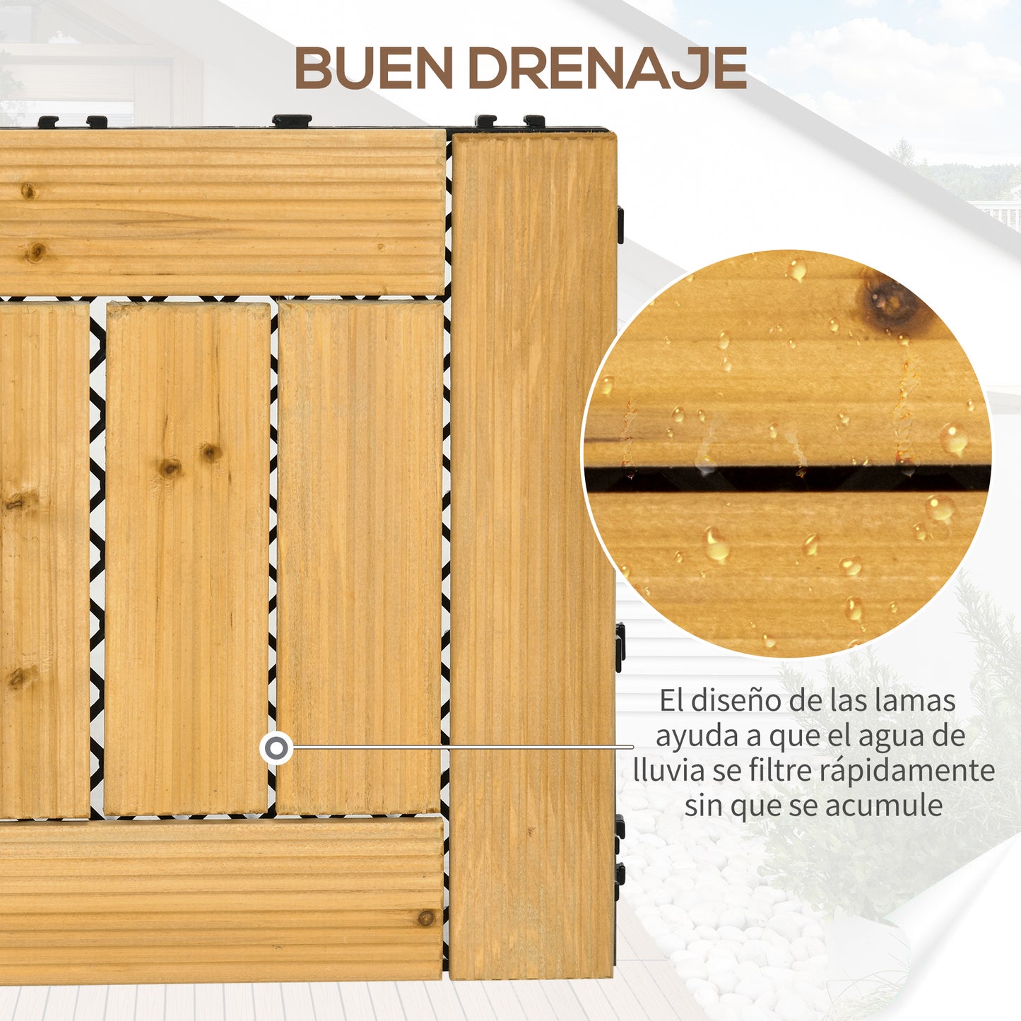 Outsunny Set de 27 Piezas Baldosas de Madera Baldosas para Exteriores 30x30 cm Área de 2,43 m² Losetas para Suelo con Sistema de Clic para Balcón Terraza Jardín Natural