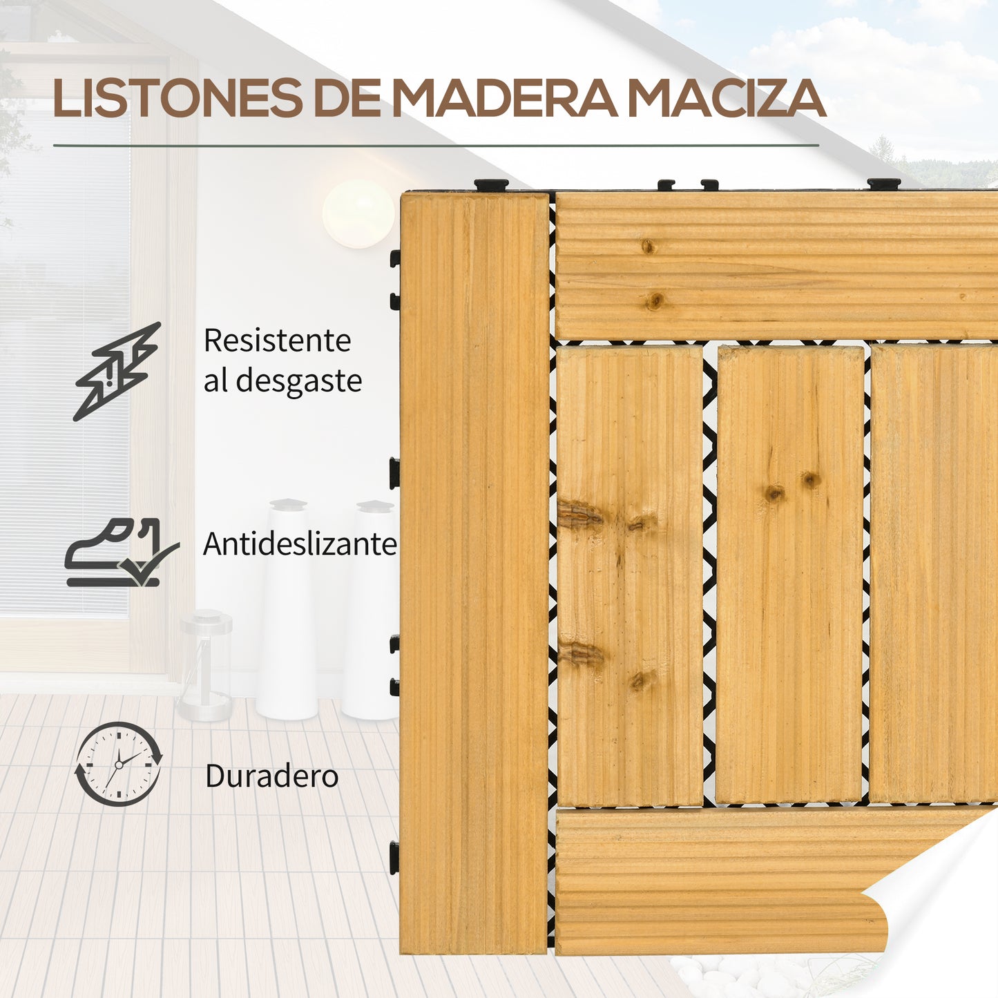 Outsunny Set de 27 Piezas Baldosas de Madera Baldosas para Exteriores 30x30 cm Área de 2,43 m² Losetas para Suelo con Sistema de Clic para Balcón Terraza Jardín Natural