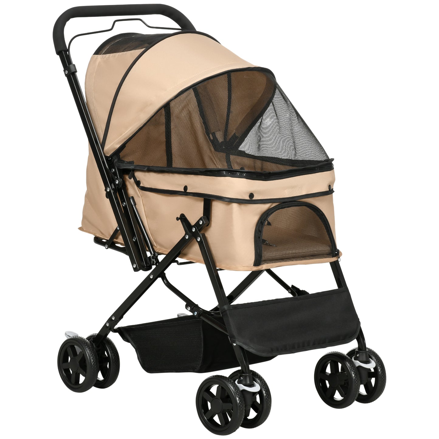 PawHut Carrito para Perros Plegable Cochecito para Perros Pequeños Cochecito para Mascotas con Mango Reversible Ventana de Malla Cesta de Almacenamiento y Cuerda de Seguridad 76,5x52x95 cm Marrón