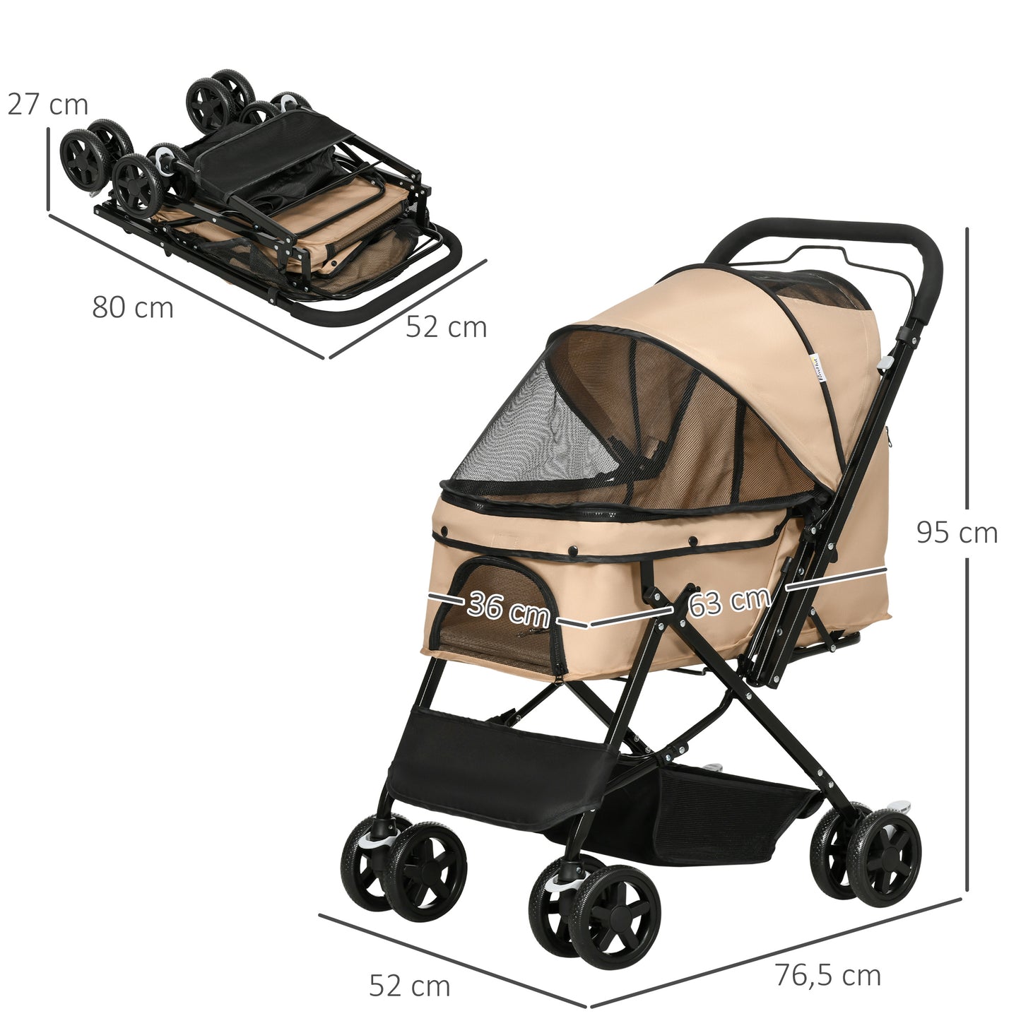 PawHut Carrito para Perros Plegable Cochecito para Perros Pequeños Cochecito para Mascotas con Mango Reversible Ventana de Malla Cesta de Almacenamiento y Cuerda de Seguridad 76,5x52x95 cm Marrón