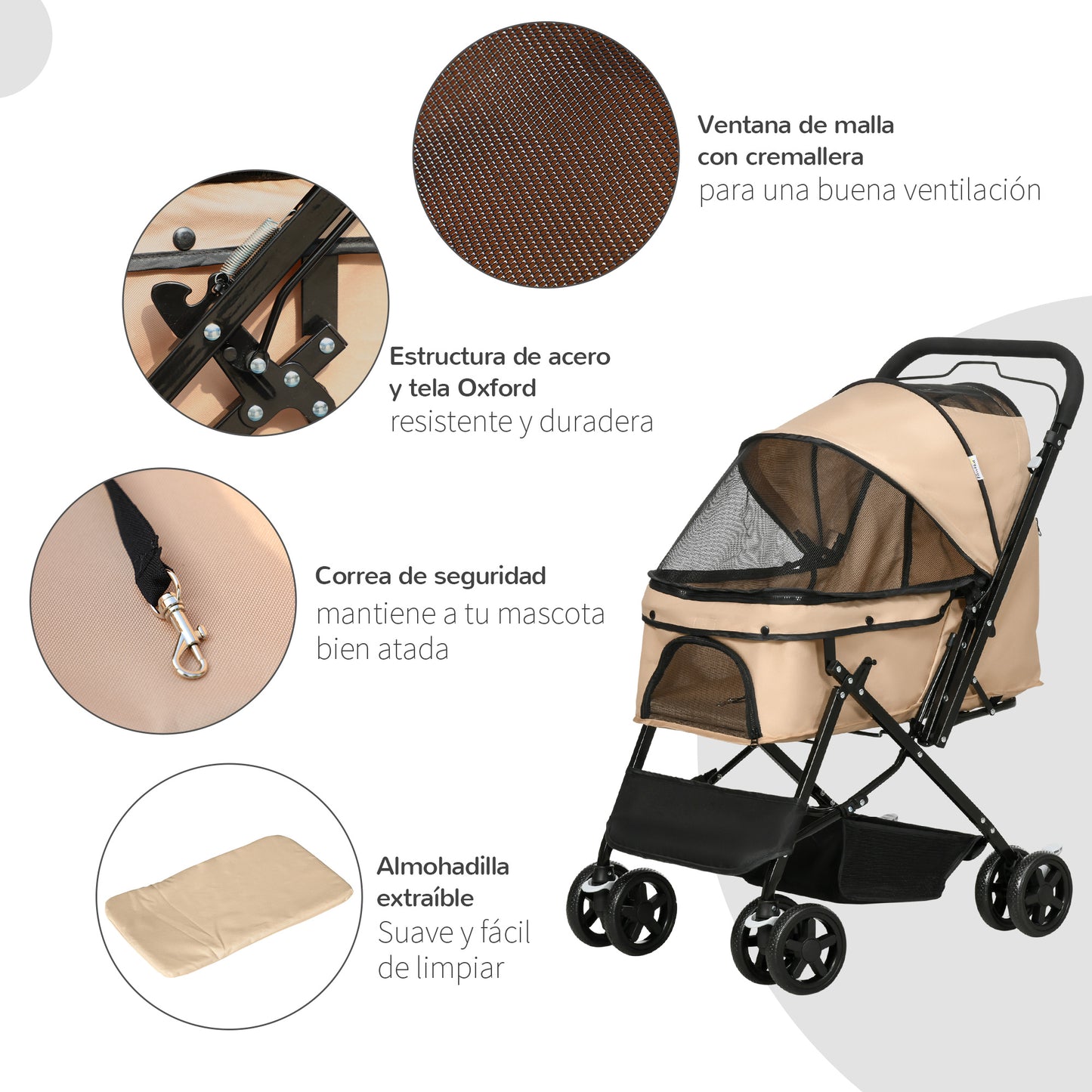 PawHut Carrito para Perros Plegable Cochecito para Perros Pequeños Cochecito para Mascotas con Mango Reversible Ventana de Malla Cesta de Almacenamiento y Cuerda de Seguridad 76,5x52x95 cm Marrón