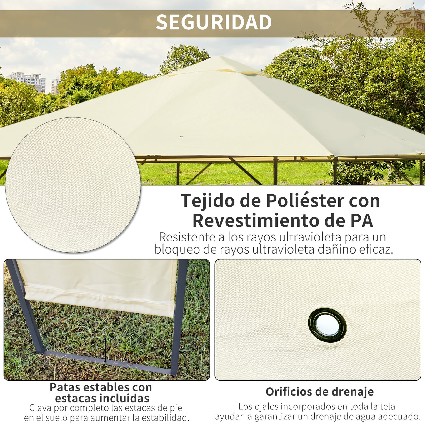 Outsunny Cenador de Jardín 3x3x2,6 m Pabellón de Exterior Gazebo con Marco de Acero y 8 Orificios de Drenaje Impermeable para Patio Crema