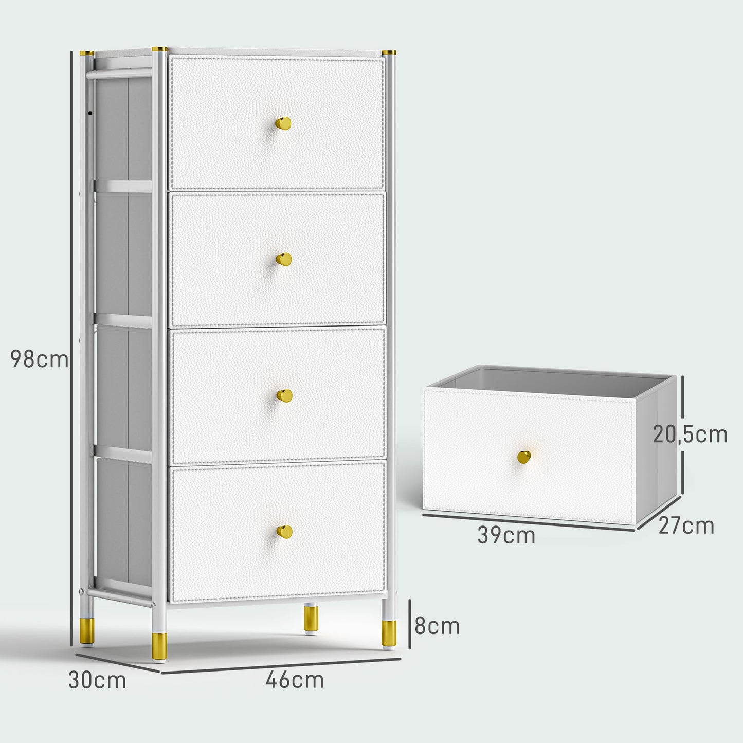 HOMCOM Cómoda para Dormitorio Cajonera de Tela con 4 Cajones Plegables con Frentes de PU y Marco de Acero Cajonera para Dormitorio Salón Blanco