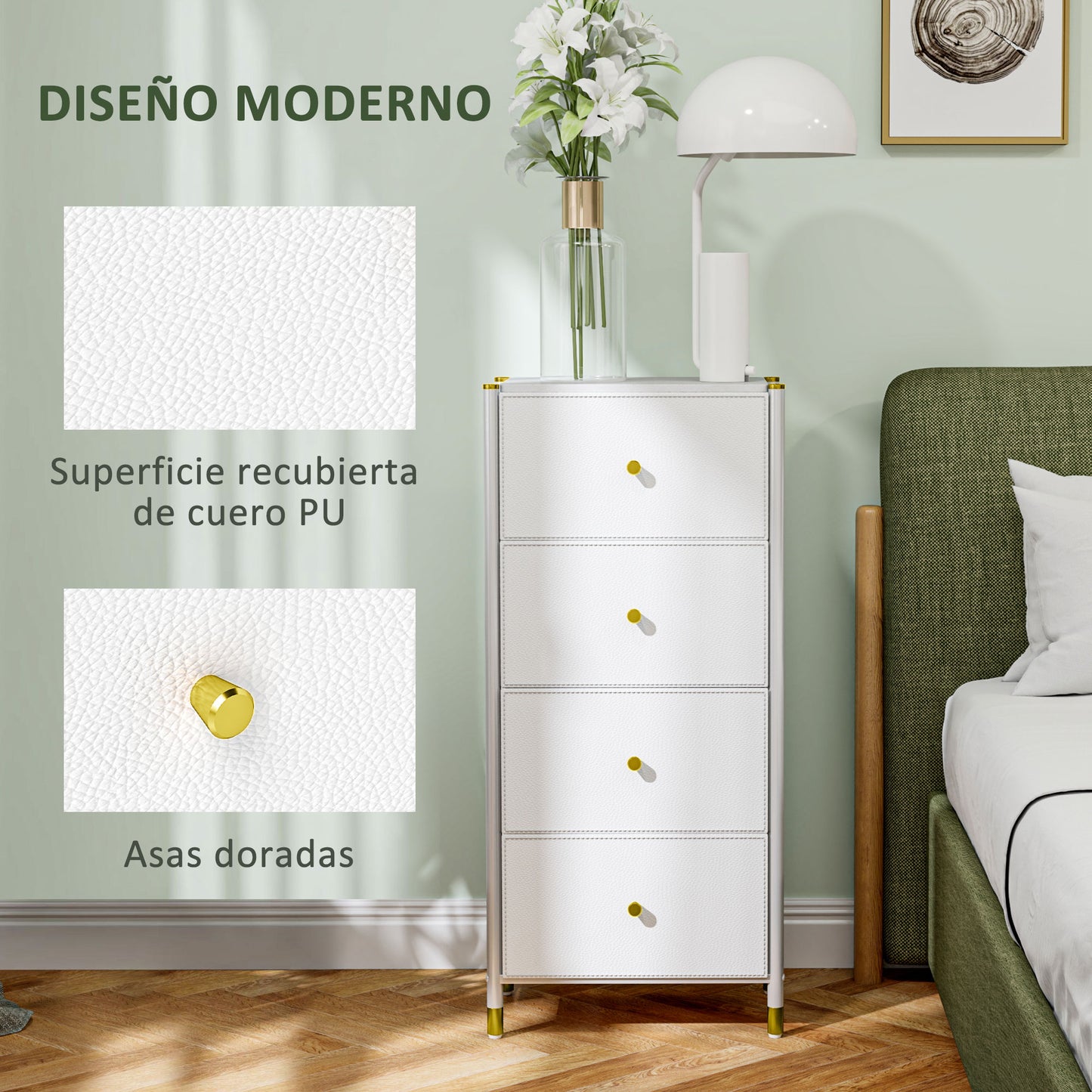 HOMCOM Cómoda para Dormitorio Cajonera de Tela con 4 Cajones Plegables con Frentes de PU y Marco de Acero Cajonera para Dormitorio Salón Blanco