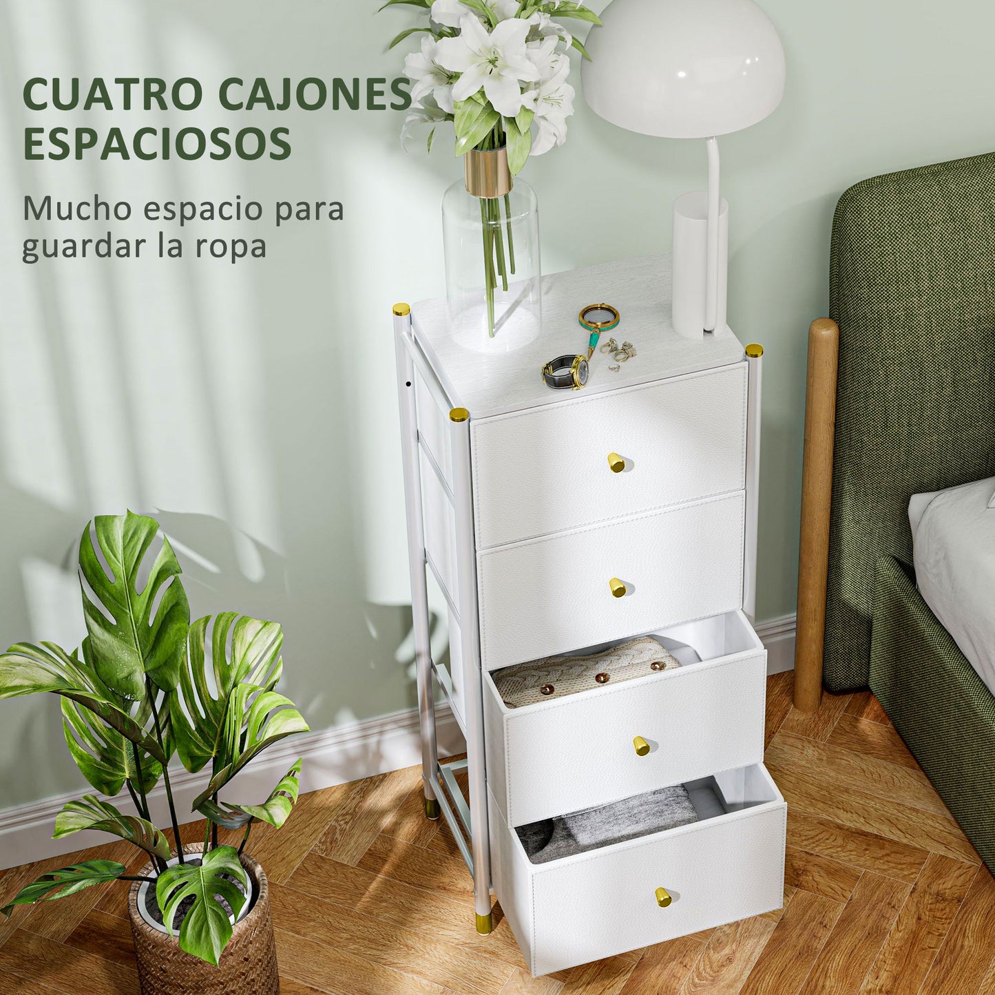 HOMCOM Cómoda para Dormitorio Cajonera de Tela con 4 Cajones Plegables con Frentes de PU y Marco de Acero Cajonera para Dormitorio Salón Blanco