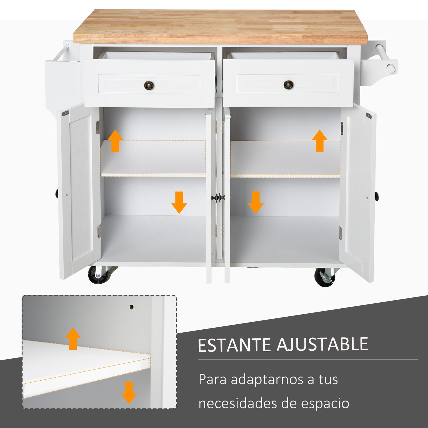 HOMCOM Isla de Cocina con Ruedas Carro de Cocina Mueble Auxiliar de Cocina con 2 Cajones 4 Puertas Especiero y Barra Lateral para Comedor 111x44,5x82,5 cm Blanco