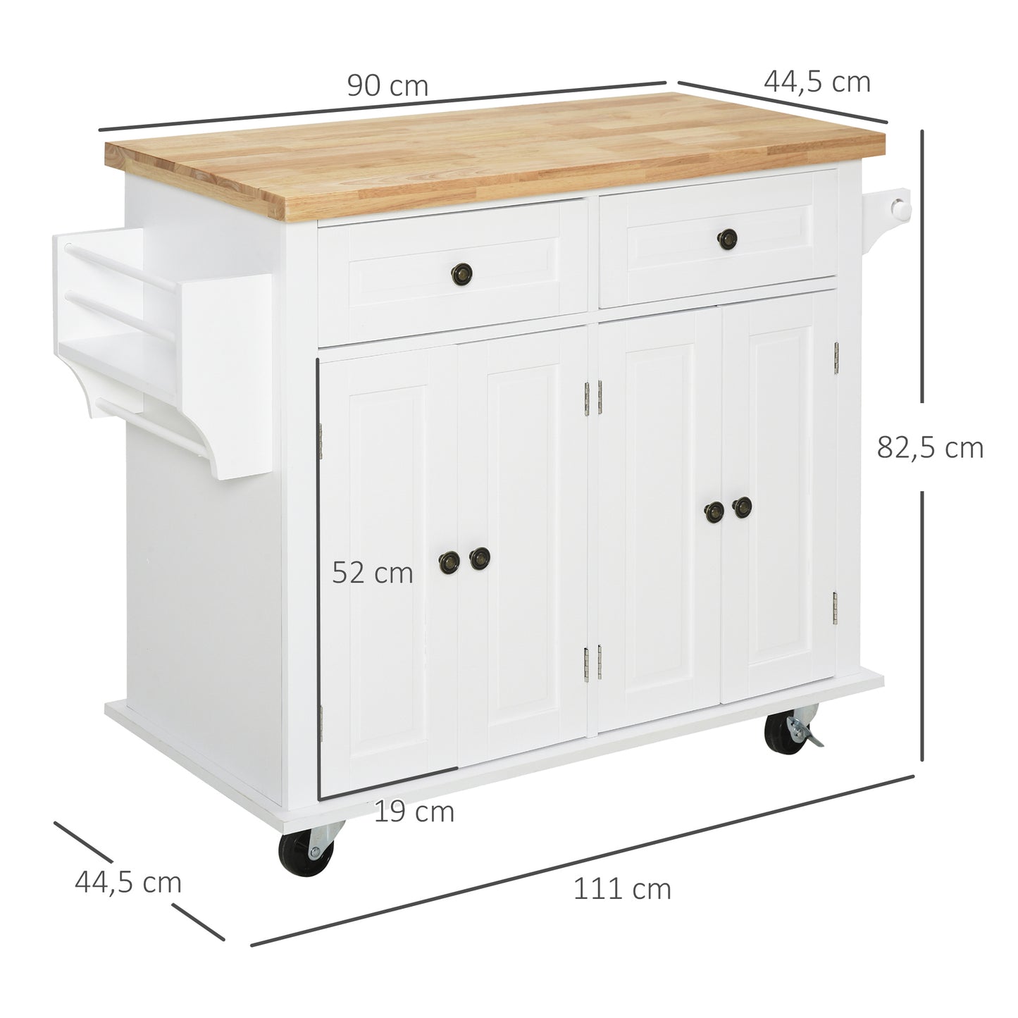 HOMCOM Isla de Cocina con Ruedas Carro de Cocina Mueble Auxiliar de Cocina con 2 Cajones 4 Puertas Especiero y Barra Lateral para Comedor 111x44,5x82,5 cm Blanco