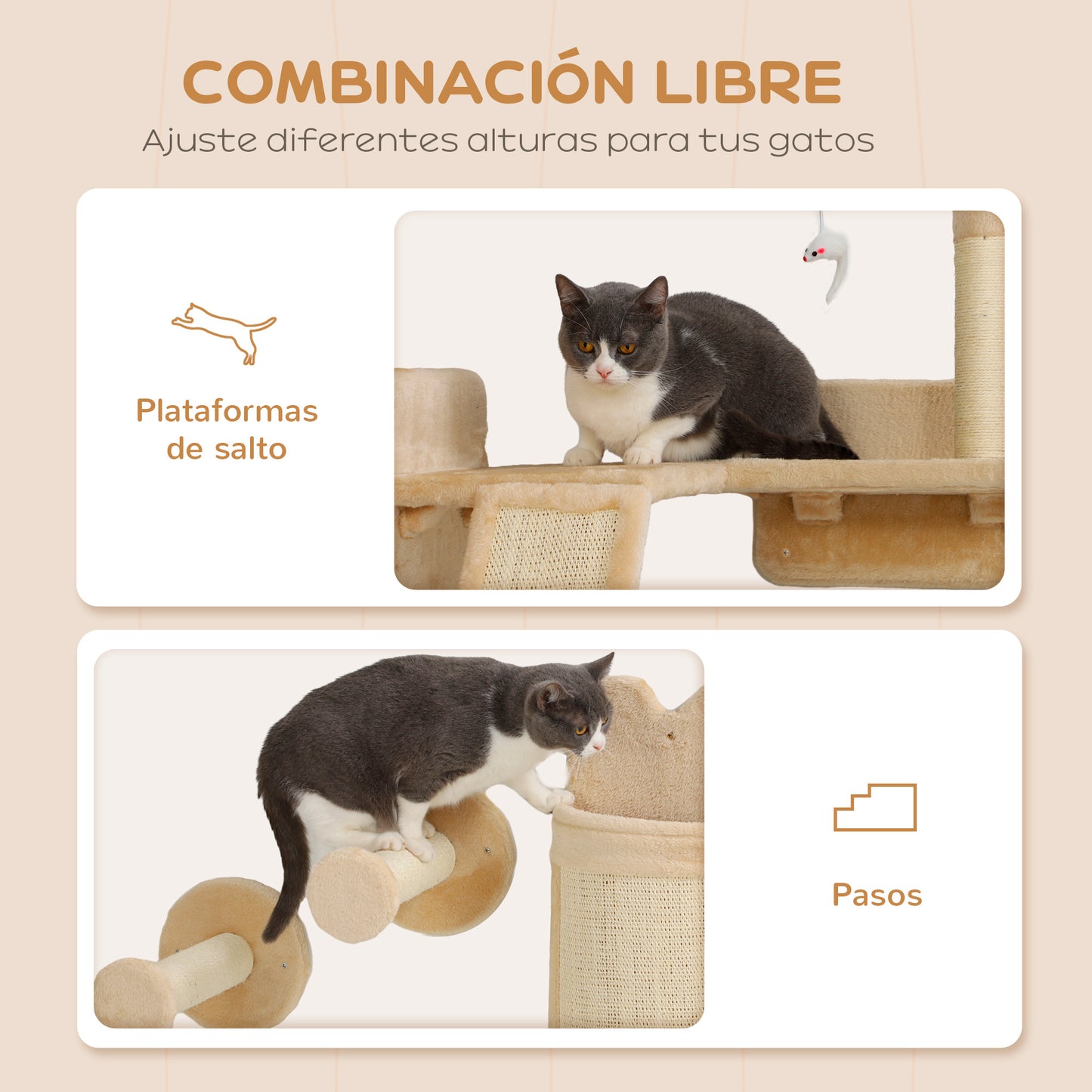 PawHut Juego de Estanterías para Gatos de 4 Piezas Rascador de Pared para Gatos con Postes de Sisal Plataforma para Saltar Bola de Juguete Beige