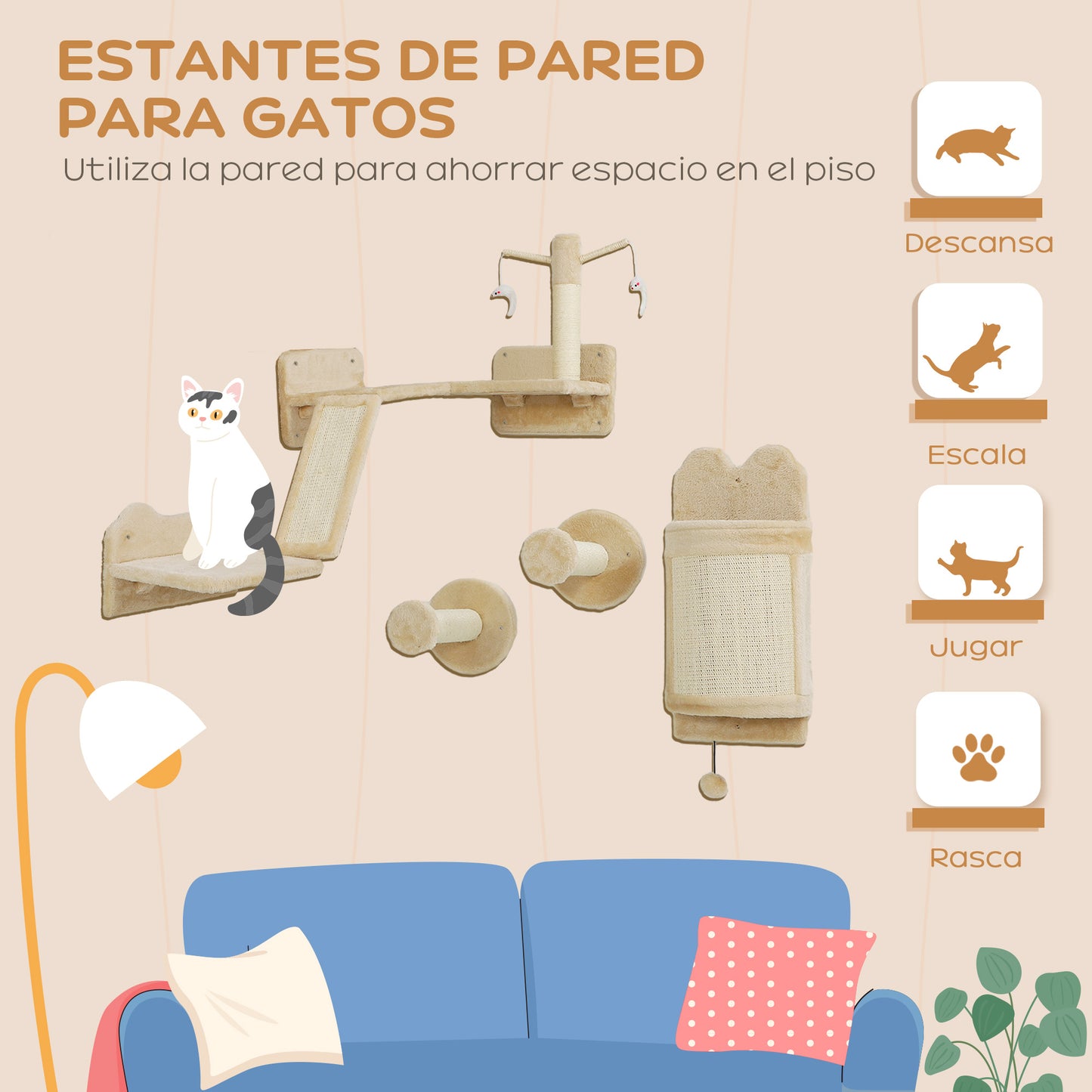 PawHut Juego de Estanterías para Gatos de 4 Piezas Rascador de Pared para Gatos con Postes de Sisal Plataforma para Saltar Bola de Juguete Beige