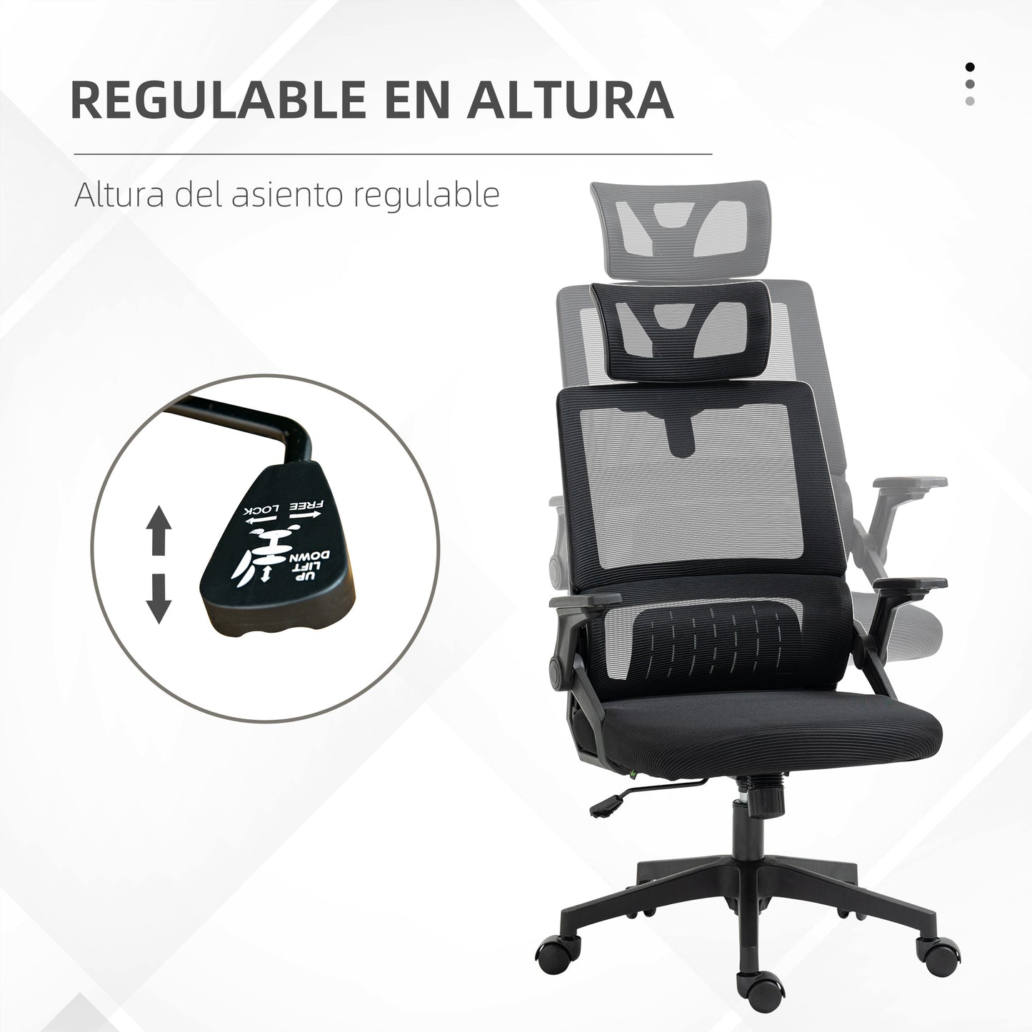 Vinsetto Silla de Oficina de Malla con Función de Basculante Silla de Escritorio Giratorio Altura Reposacabezas Ajustable y Reposabrazos Carga 120 kg para Estudio 58x61x102-119 cm Negro