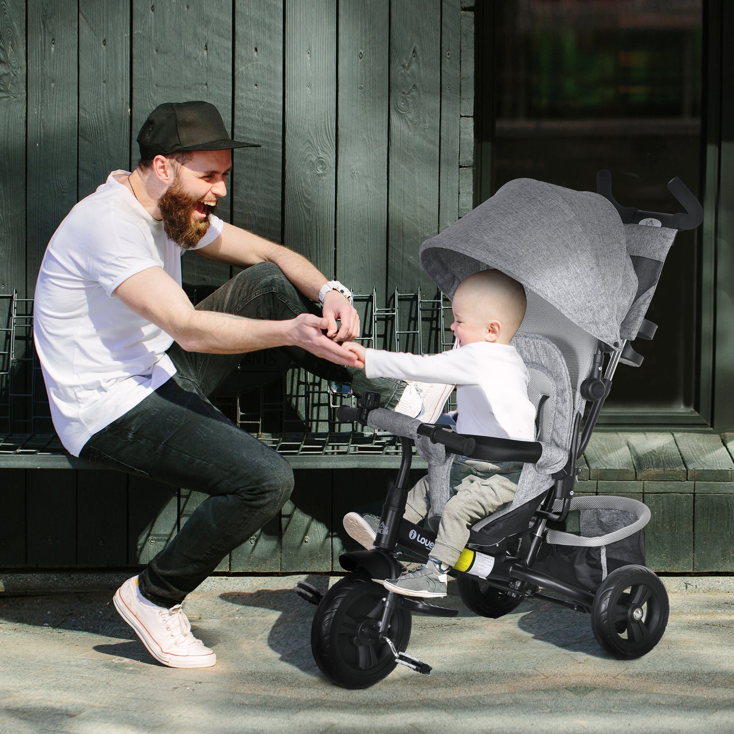 HOMCOM Triciclo para Bebés Triciclo Evolutivo para Niños con Toldo Plegable Mango de Empuje Telescópico y Desmontable Bolso para Mamá y Portabotellas 102x49x102 cm Gris