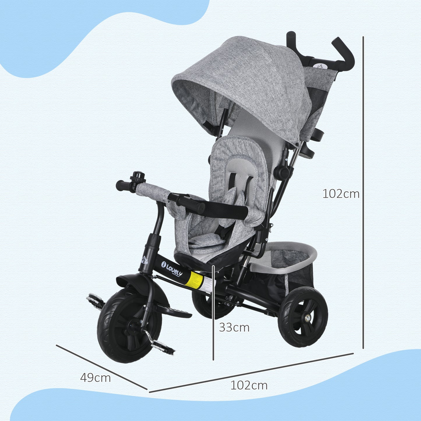 HOMCOM Triciclo para Bebés Triciclo Evolutivo para Niños con Toldo Plegable Mango de Empuje Telescópico y Desmontable Bolso para Mamá y Portabotellas 102x49x102 cm Gris