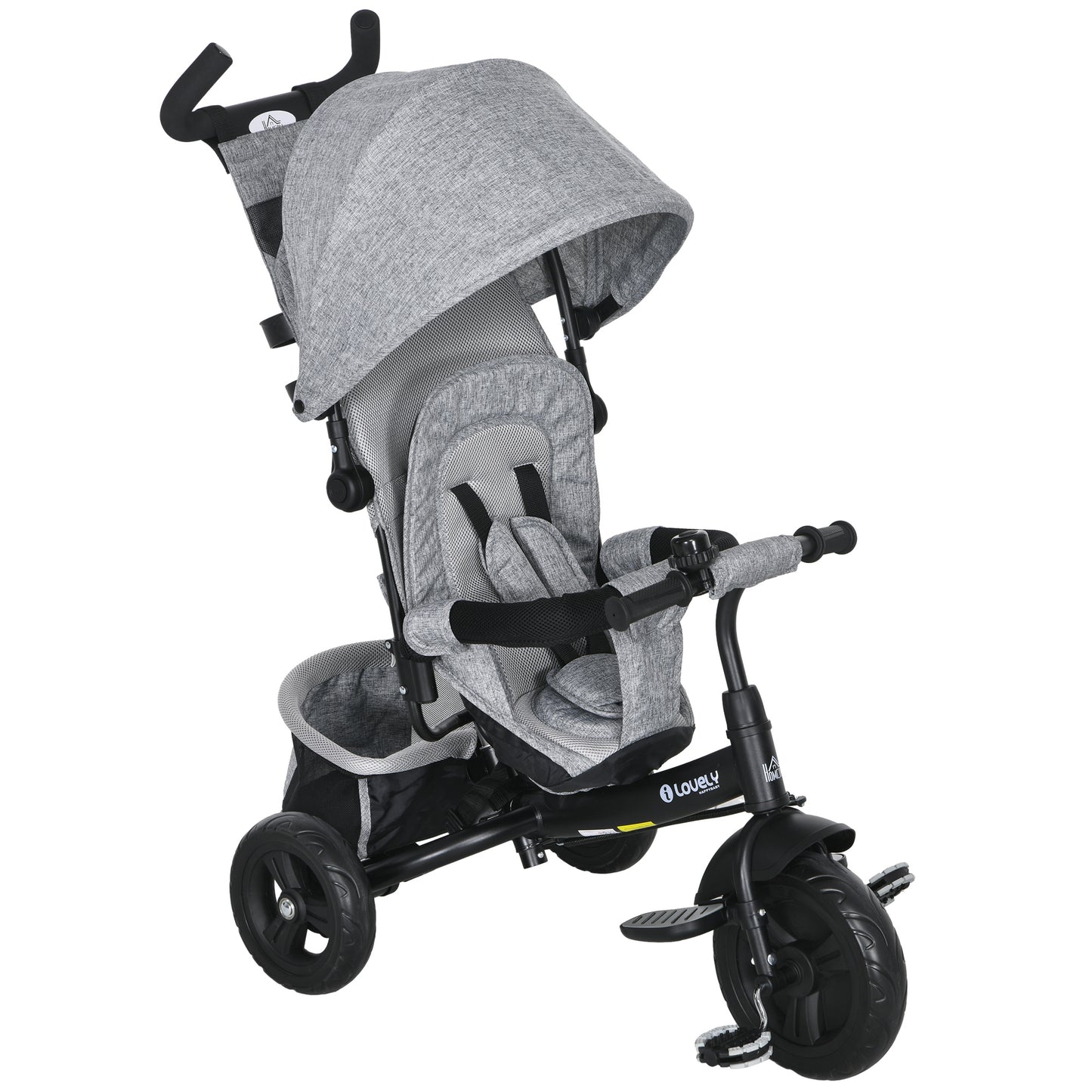 HOMCOM Triciclo para Bebés Triciclo Evolutivo para Niños con Toldo Plegable Mango de Empuje Telescópico y Desmontable Bolso para Mamá y Portabotellas 102x49x102 cm Gris