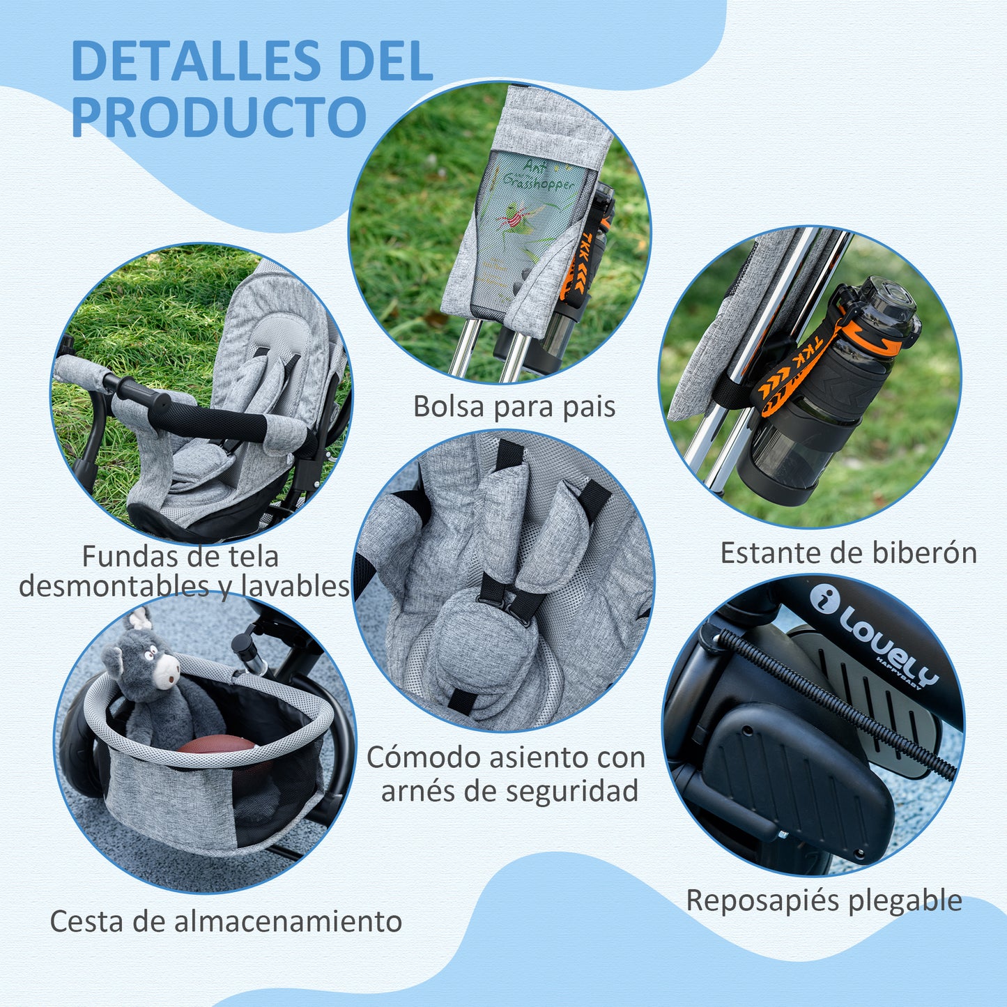 HOMCOM Triciclo para Bebés Triciclo Evolutivo para Niños con Toldo Plegable Mango de Empuje Telescópico y Desmontable Bolso para Mamá y Portabotellas 102x49x102 cm Gris