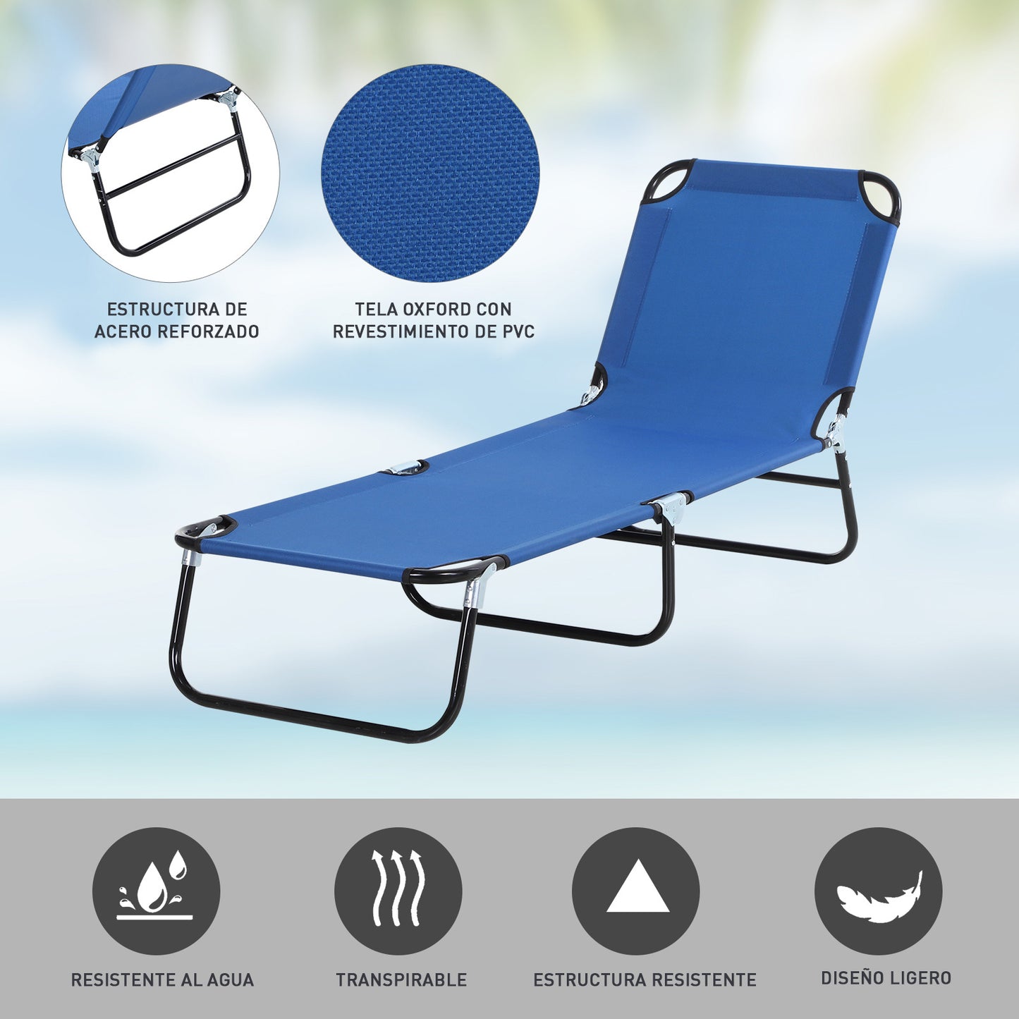 Outsunny Tumbona Plegable Reclinable con Ángulo Ajustable de 5 Posiciones para Jardín Exterior Piscina Terraza Camping Carga 120 kg 188x56x28 cm Azul