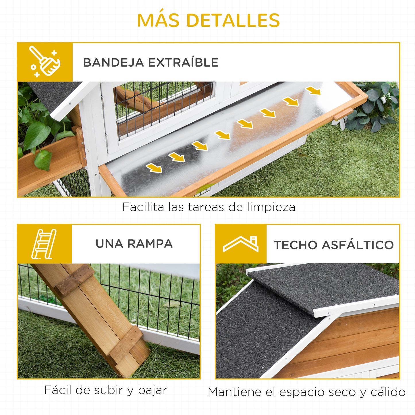 PawHut Conejera de Madera Exterior Jaula para Conejos de 2 Niveles con Techo Asfáltico Corral de Metal Jardinera para Cultivo Bandeja Extraíble Puertas y Rampa 123x58x106 cm Natural