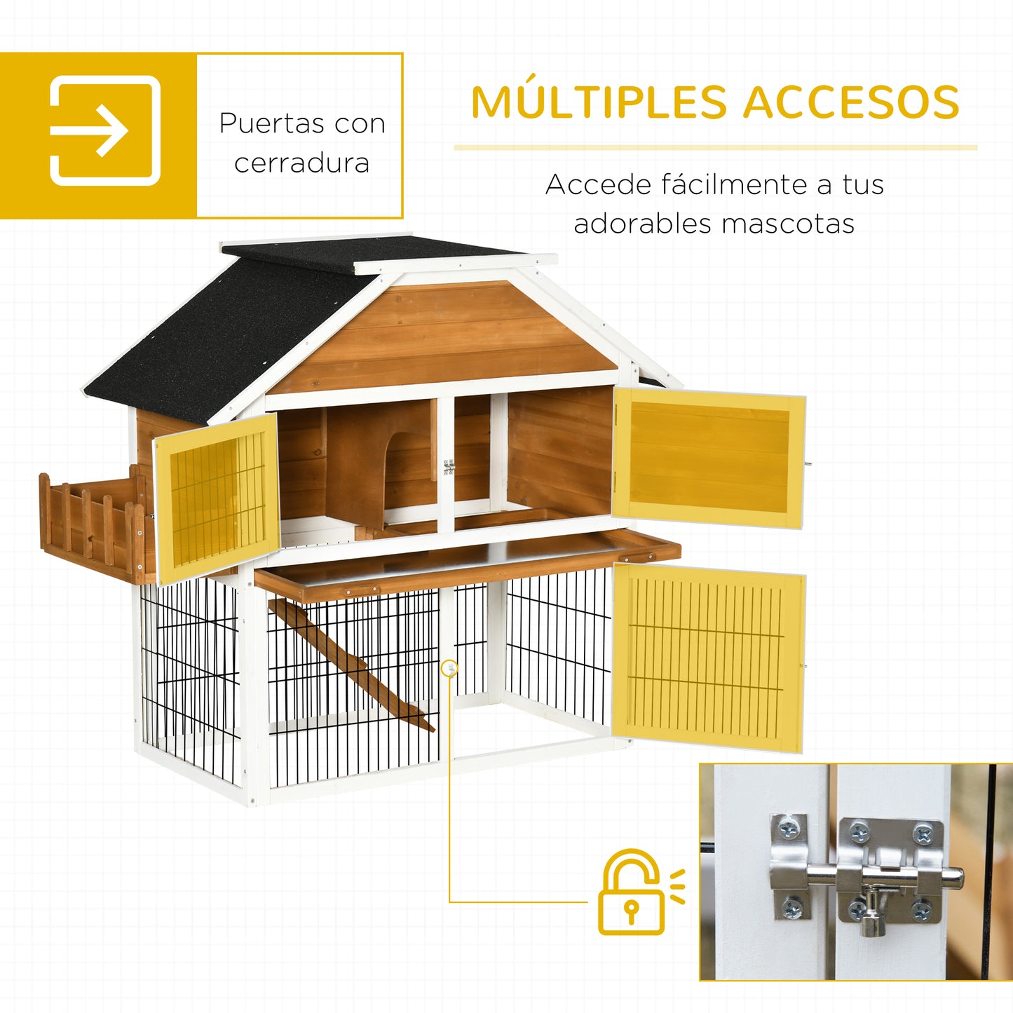 PawHut Conejera de Madera Exterior Jaula para Conejos de 2 Niveles con Techo Asfáltico Corral de Metal Jardinera para Cultivo Bandeja Extraíble Puertas y Rampa 123x58x106 cm Natural