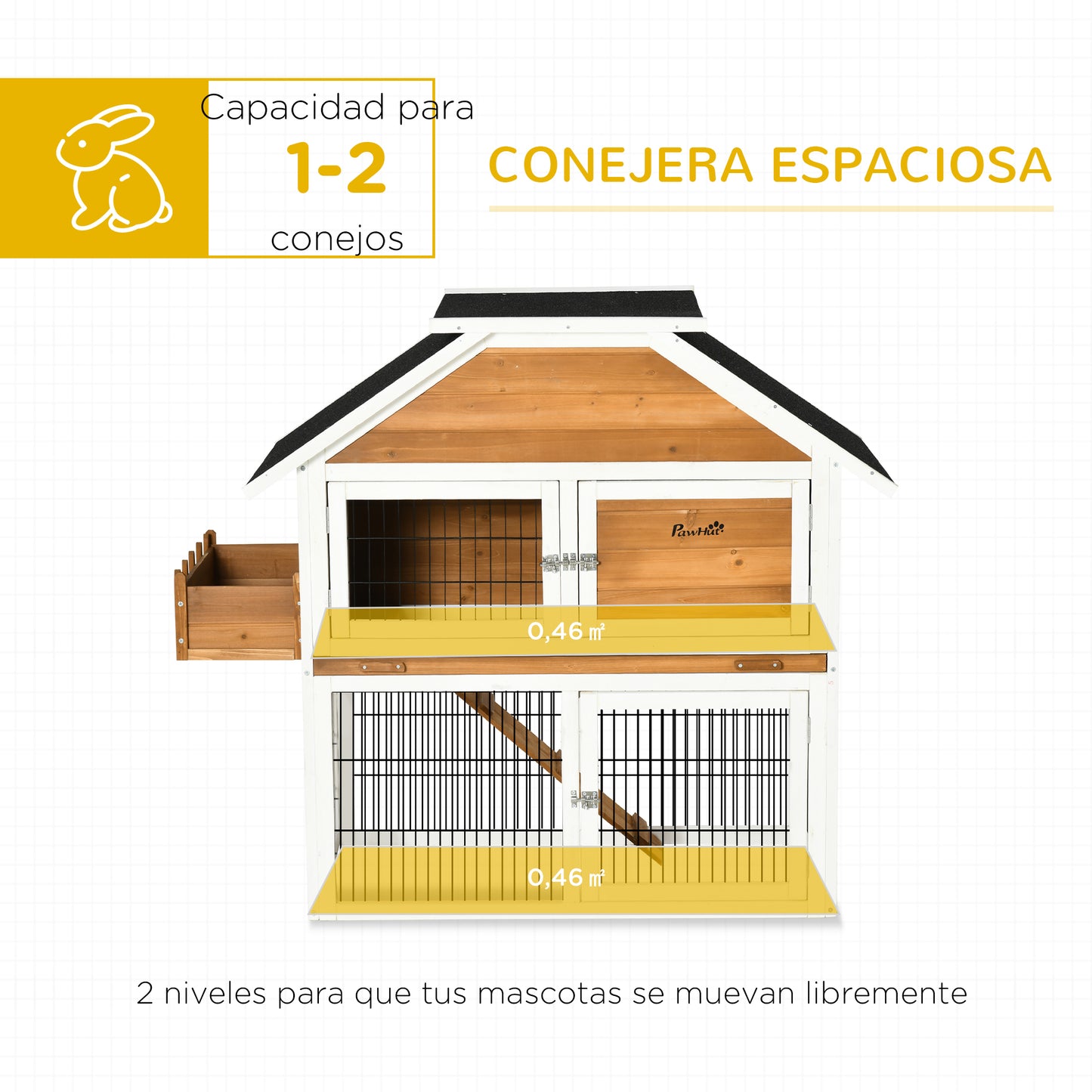 PawHut Conejera de Madera Exterior Jaula para Conejos de 2 Niveles con Techo Asfáltico Corral de Metal Jardinera para Cultivo Bandeja Extraíble Puertas y Rampa 123x58x106 cm Natural