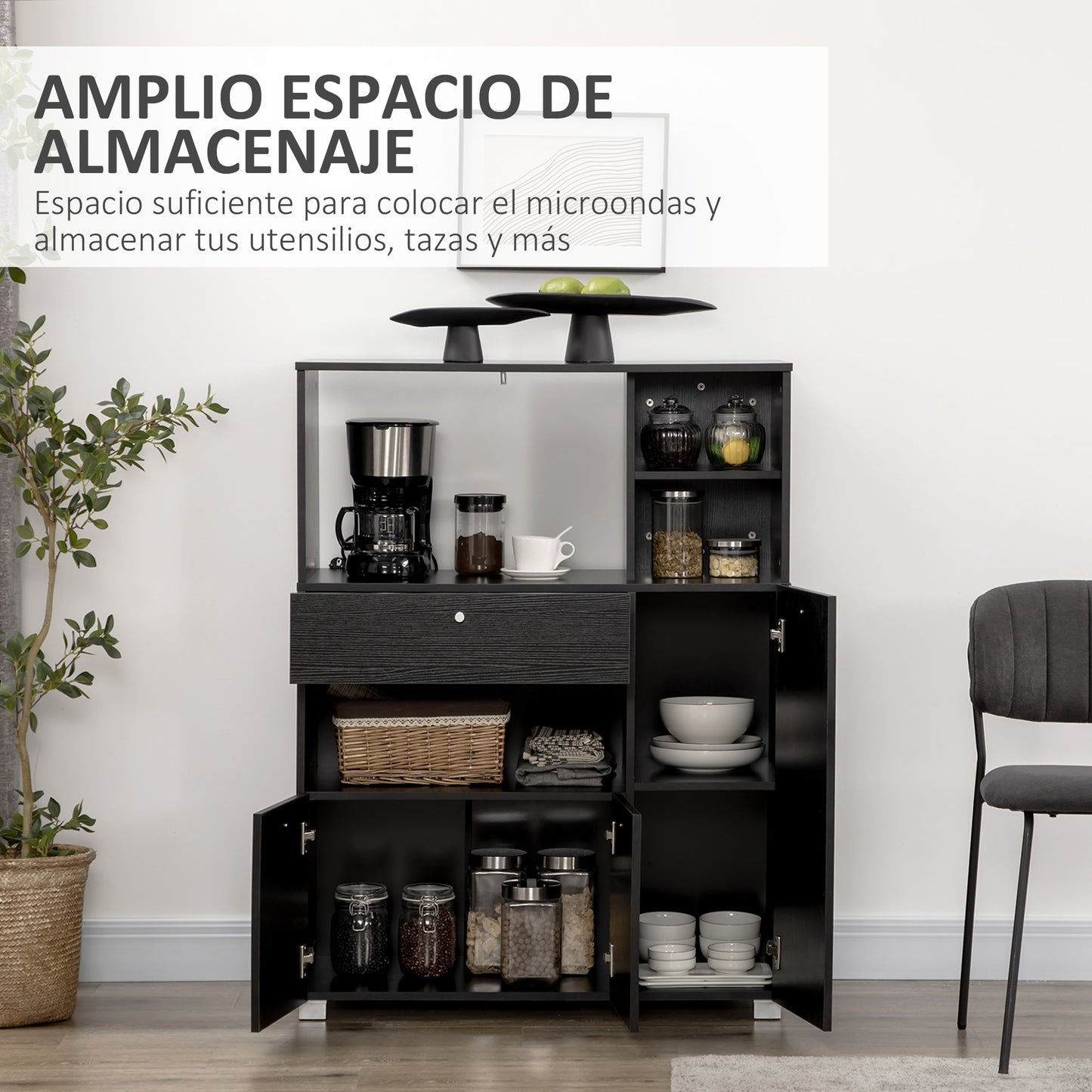 HOMCOM Mueble Auxiliar de Cocina Mueble para Microondas Aparador de Cocina con Cajón Estantes 3 Puertas 3 Compartimientos Diseño Anti-vuelco para Comedor 90x40x120 cm Negro