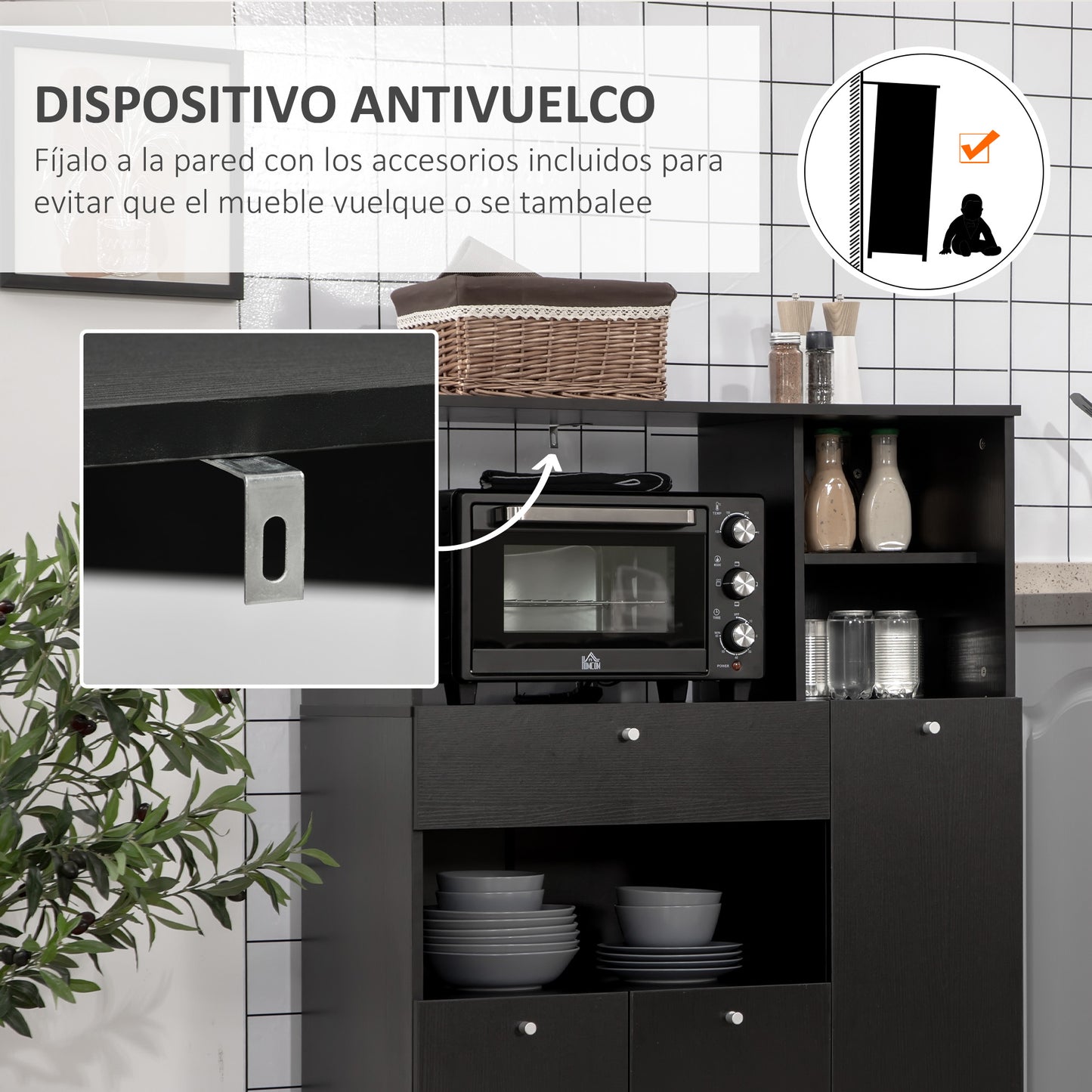 HOMCOM Mueble Auxiliar de Cocina Mueble para Microondas Aparador de Cocina con Cajón Estantes 3 Puertas 3 Compartimientos Diseño Anti-vuelco para Comedor 90x40x120 cm Negro