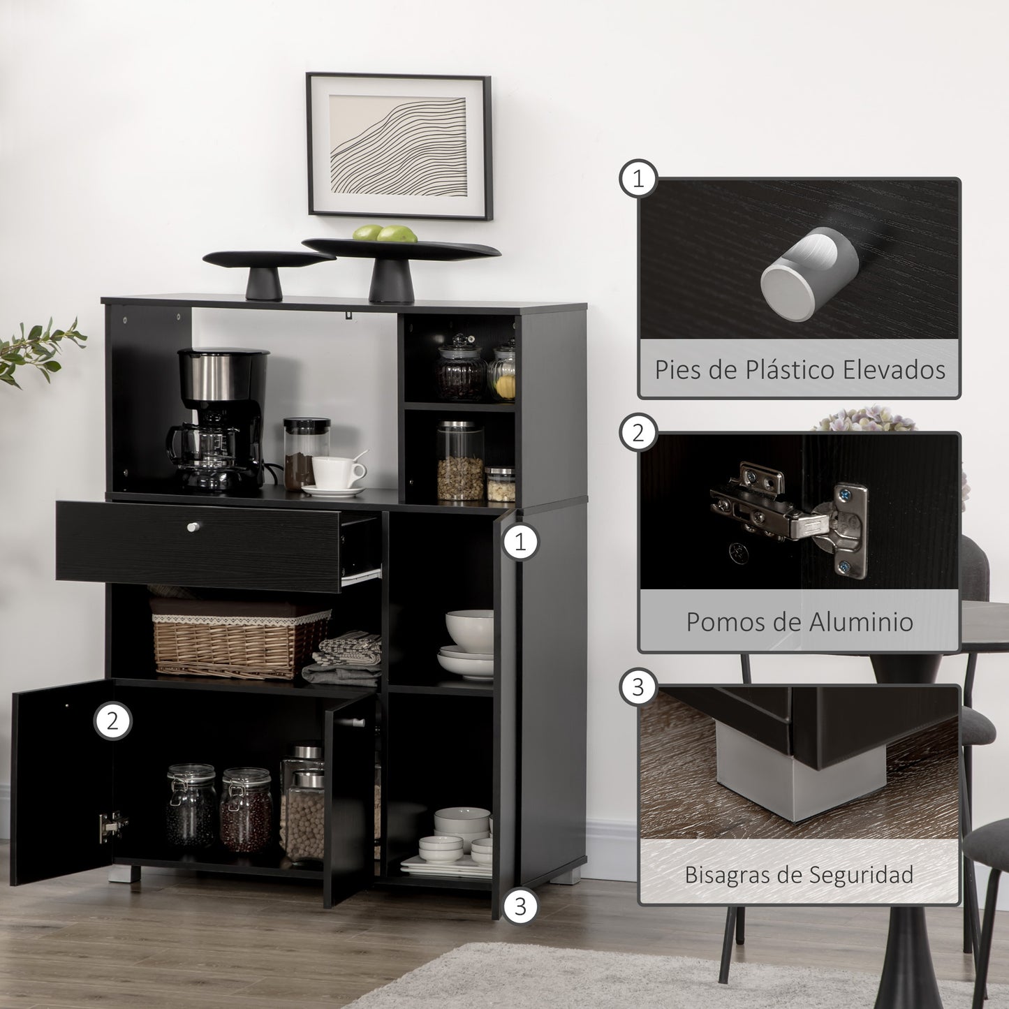 HOMCOM Mueble Auxiliar de Cocina Mueble para Microondas Aparador de Cocina con Cajón Estantes 3 Puertas 3 Compartimientos Diseño Anti-vuelco para Comedor 90x40x120 cm Negro