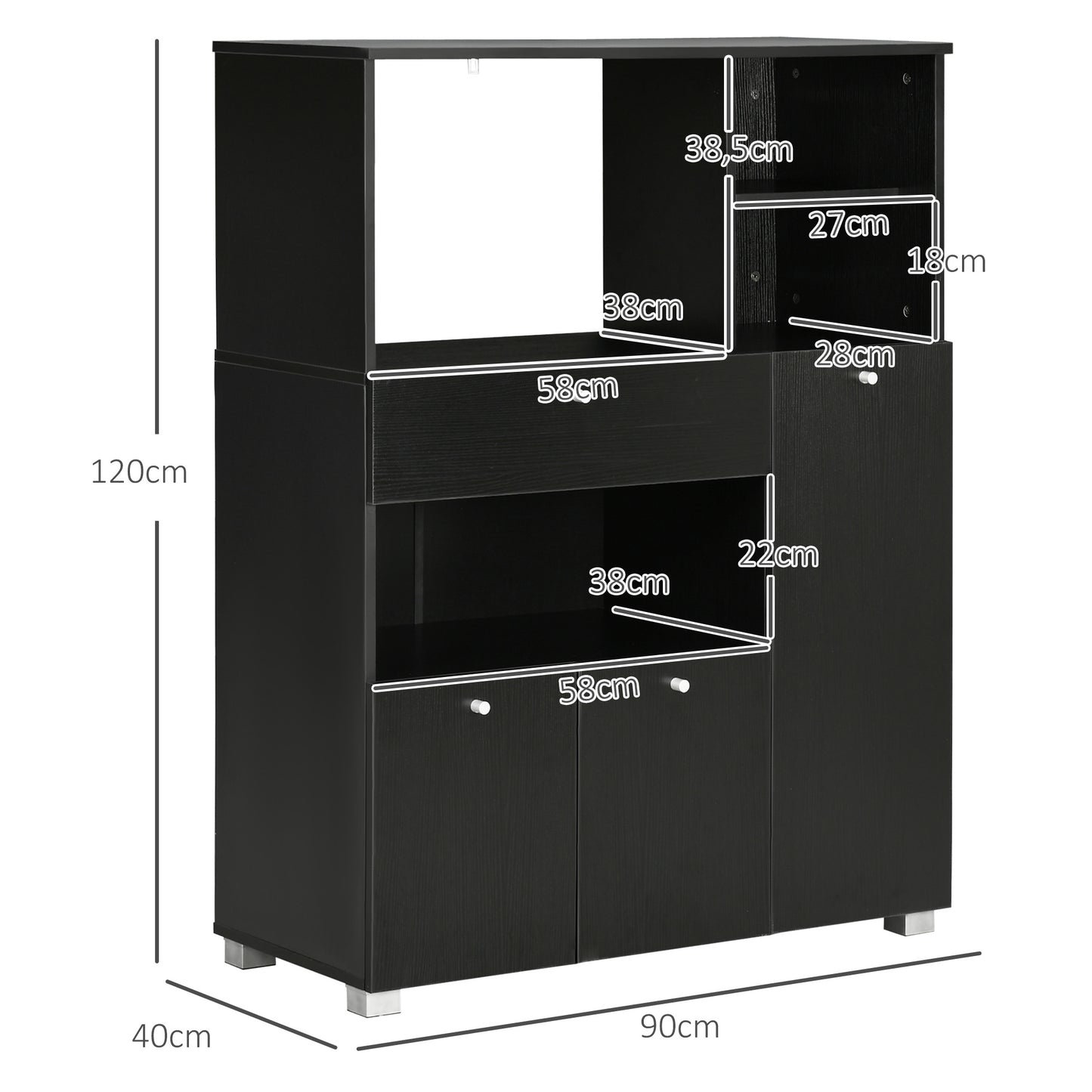 HOMCOM Mueble Auxiliar de Cocina Mueble para Microondas Aparador de Cocina con Cajón Estantes 3 Puertas 3 Compartimientos Diseño Anti-vuelco para Comedor 90x40x120 cm Negro