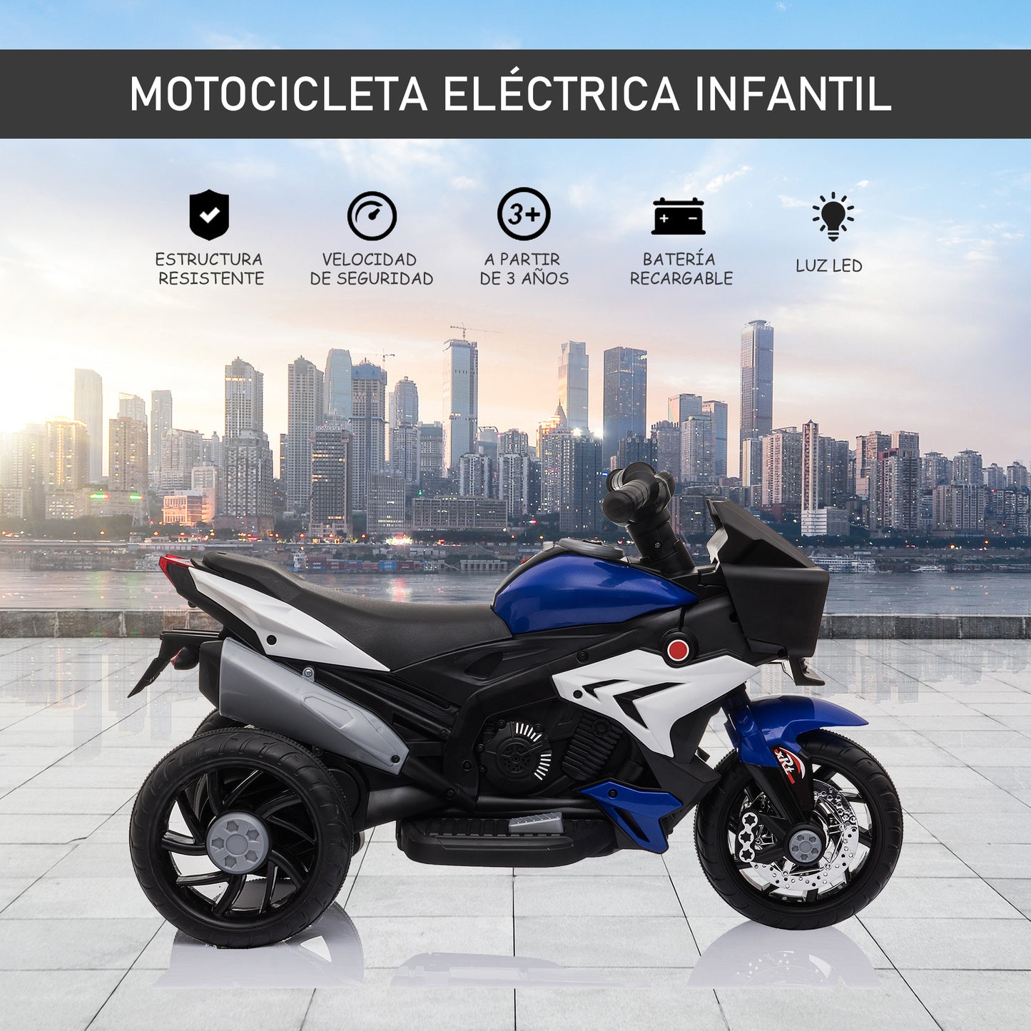 HOMCOM Moto Eléctrica para Niños de +3 Años Moto de Batería 6V con Luces Música Bocina Neumáticos Anchos Moto para Niños con Velocidad 3 km/h Azul y Negro