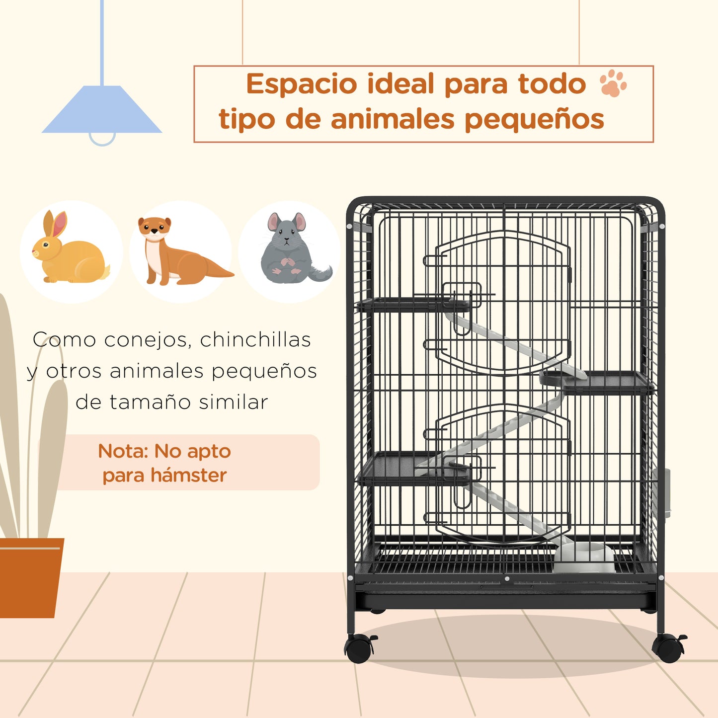 PawHut Jaula para Animales Pequeños Jaula para Roedores con Ruedas Rampa Cuenco Botella de Agua y Bandeja Extraíble Recinto para Conejos Chinchillas Hurones 61,5x44,5x95 cm Negro