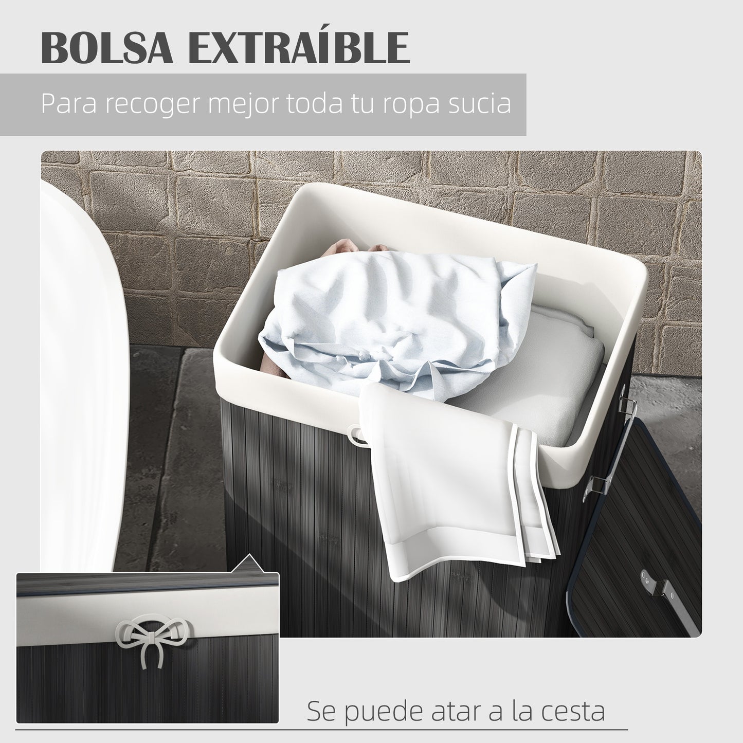 HOMCOM Cesto para Ropa Sucia Plegable de Bambú Cesto para Ropa Sucia con Tapa Asas y Bolsa Extraíble para Baño 40x30x60 cm Gris Oscuro