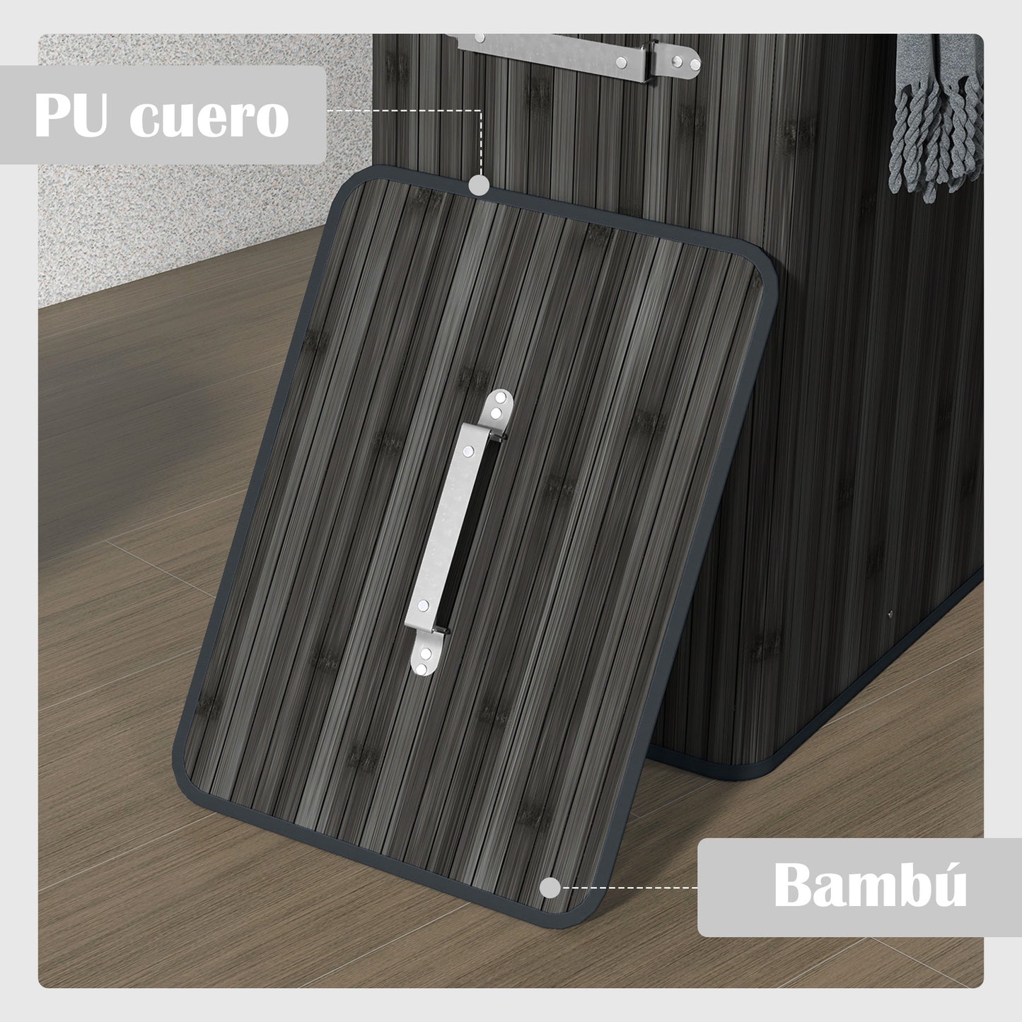 HOMCOM Cesto para Ropa Sucia Plegable de Bambú Cesto para Ropa Sucia con Tapa Asas y Bolsa Extraíble para Baño 40x30x60 cm Gris Oscuro