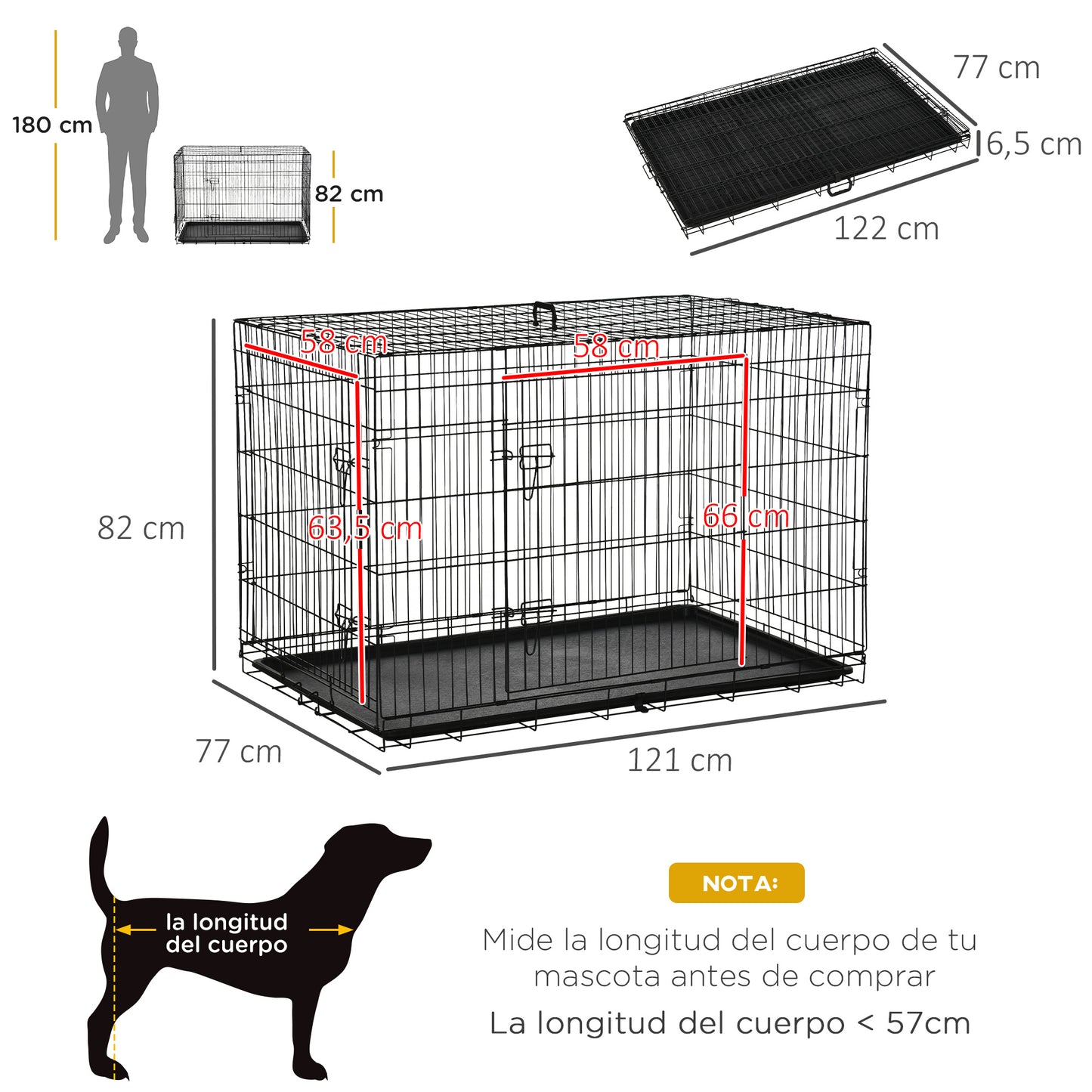 PawHut Jaula para Perros Plegable Transportín para Perros con 2 Puertas Bandeja Extraíble y Asa de Transporte 121x77x82 cm Negro