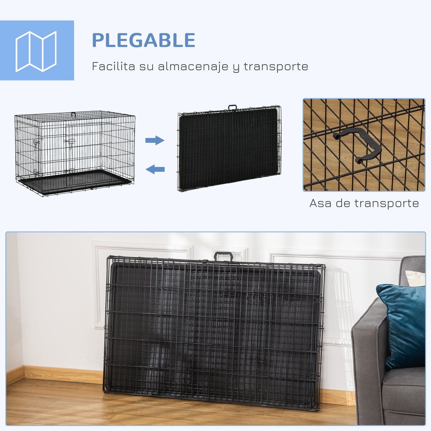 PawHut Jaula para Perros Plegable Transportín para Perros con 2 Puertas Bandeja Extraíble y Asa de Transporte 121x77x82 cm Negro