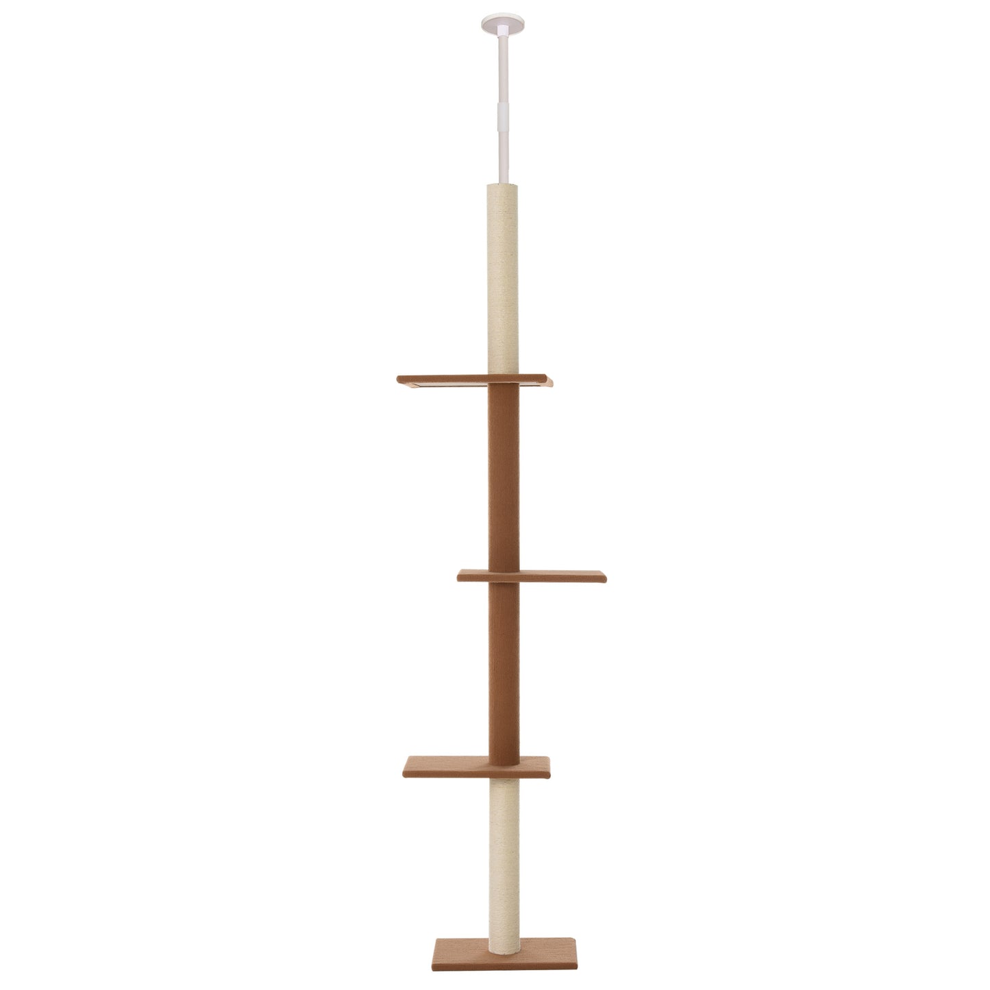 PawHut Árbol para Gatos Rascador 43x27x228-260 cm de Suelo a Techo para Gatos Ajustable en Altura con 4 Plataformas Espaciosas Poste de Sisal Natural Marrón