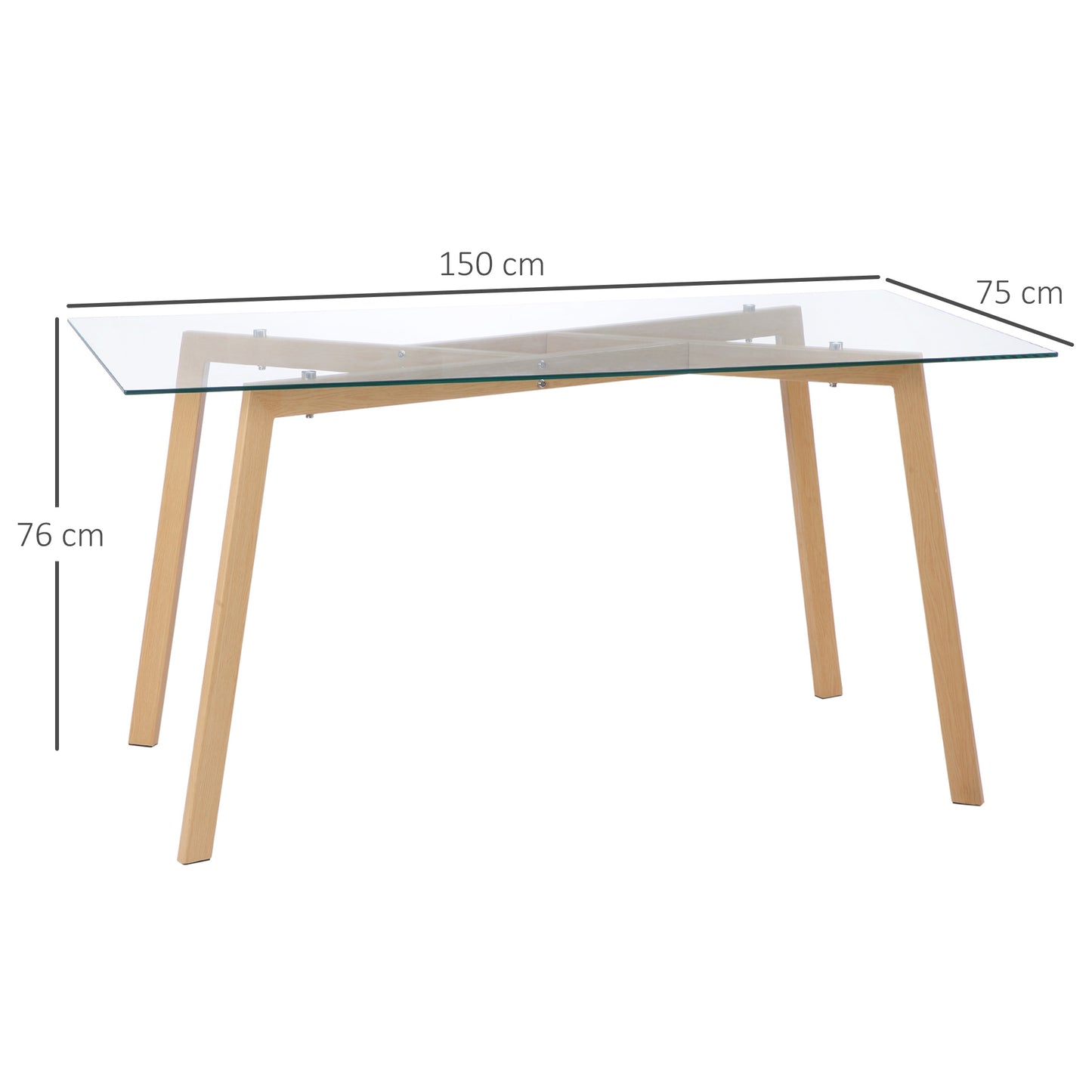 HOMCOM Mesa de Comedor para 6 Personas Mesa de Cocina Moderna con Tablero de Vidrio Templado y Patas de Acero con Efecto Madera para Salón 150x75x76 cm Transparente