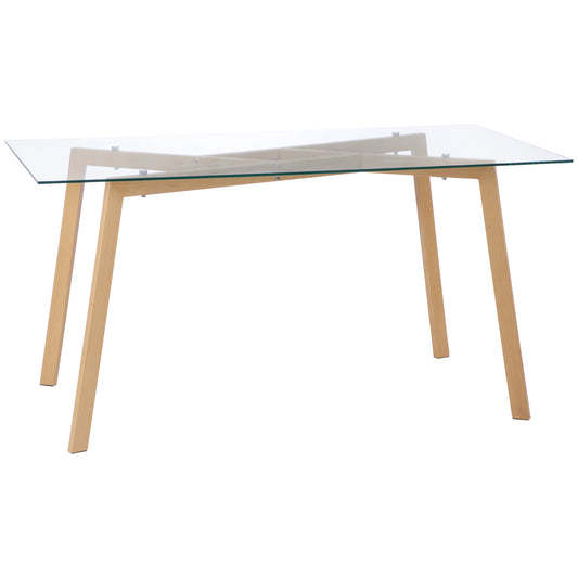 HOMCOM Mesa de Comedor para 6 Personas Mesa de Cocina Moderna con Tablero de Vidrio Templado y Patas de Acero con Efecto Madera para Salón 150x75x76 cm Transparente