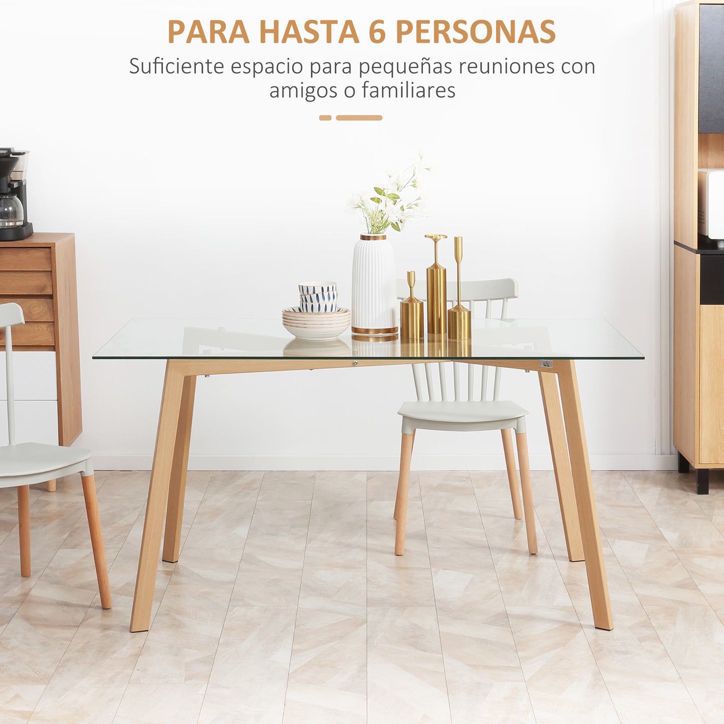 HOMCOM Mesa de Comedor para 6 Personas Mesa de Cocina Moderna con Tablero de Vidrio Templado y Patas de Acero con Efecto Madera para Salón 150x75x76 cm Transparente