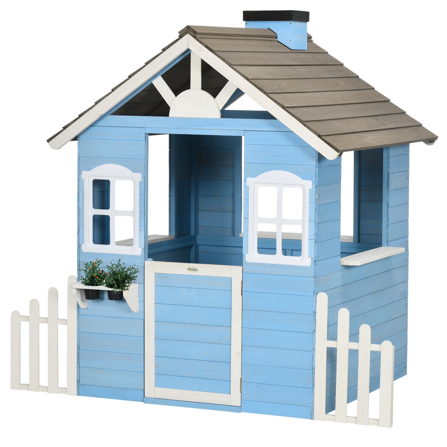 Outsunny Casita Infantil de Madera Casa de Juegos Exterior para Niños de 3-7 Años con Puerta Ventanas Macetas y Vallas Laterales 151x112,5x142 cm Azul